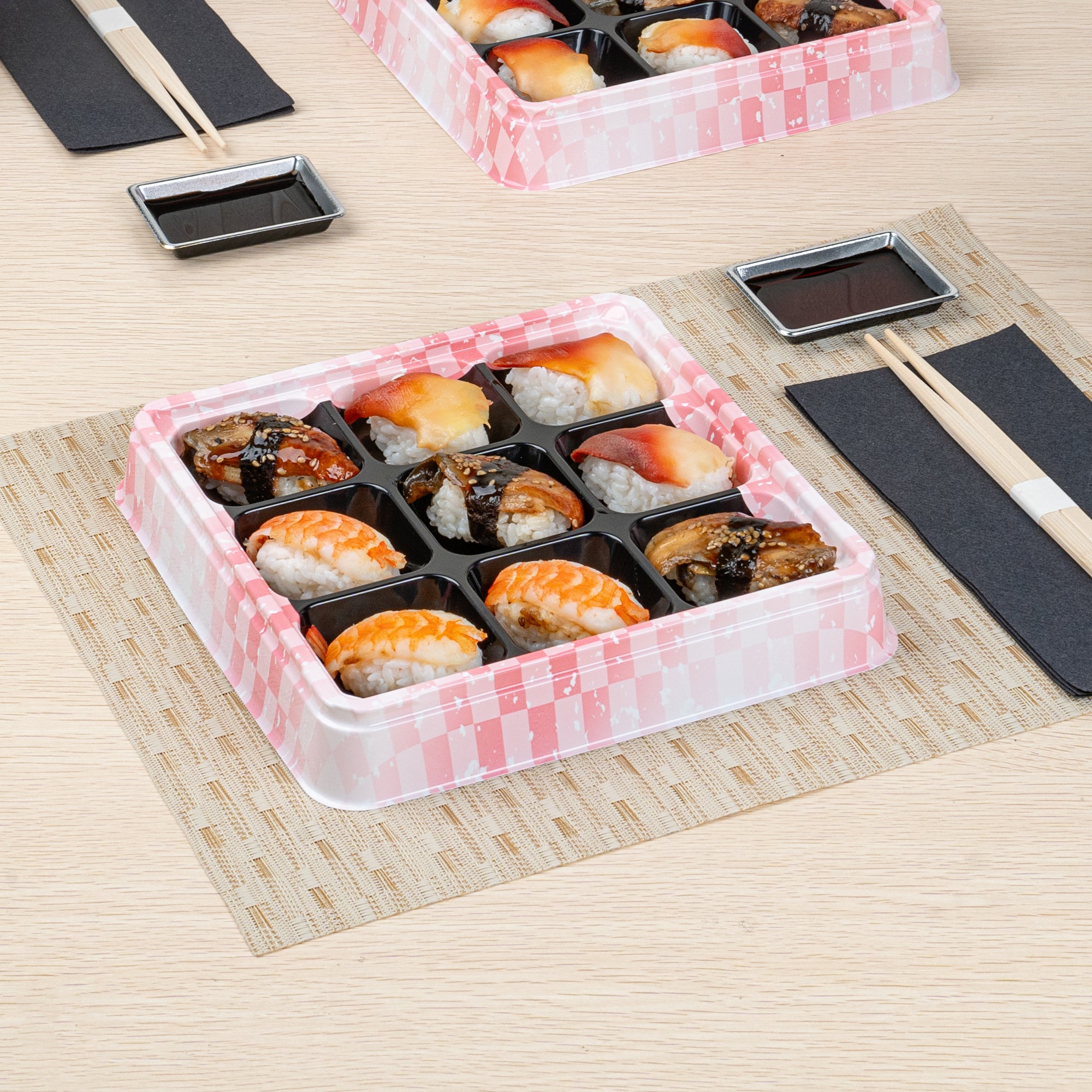 Bento Tek 17 oz Square Pink and Black Plastic Bento Box with 9 Compartments - 8.5