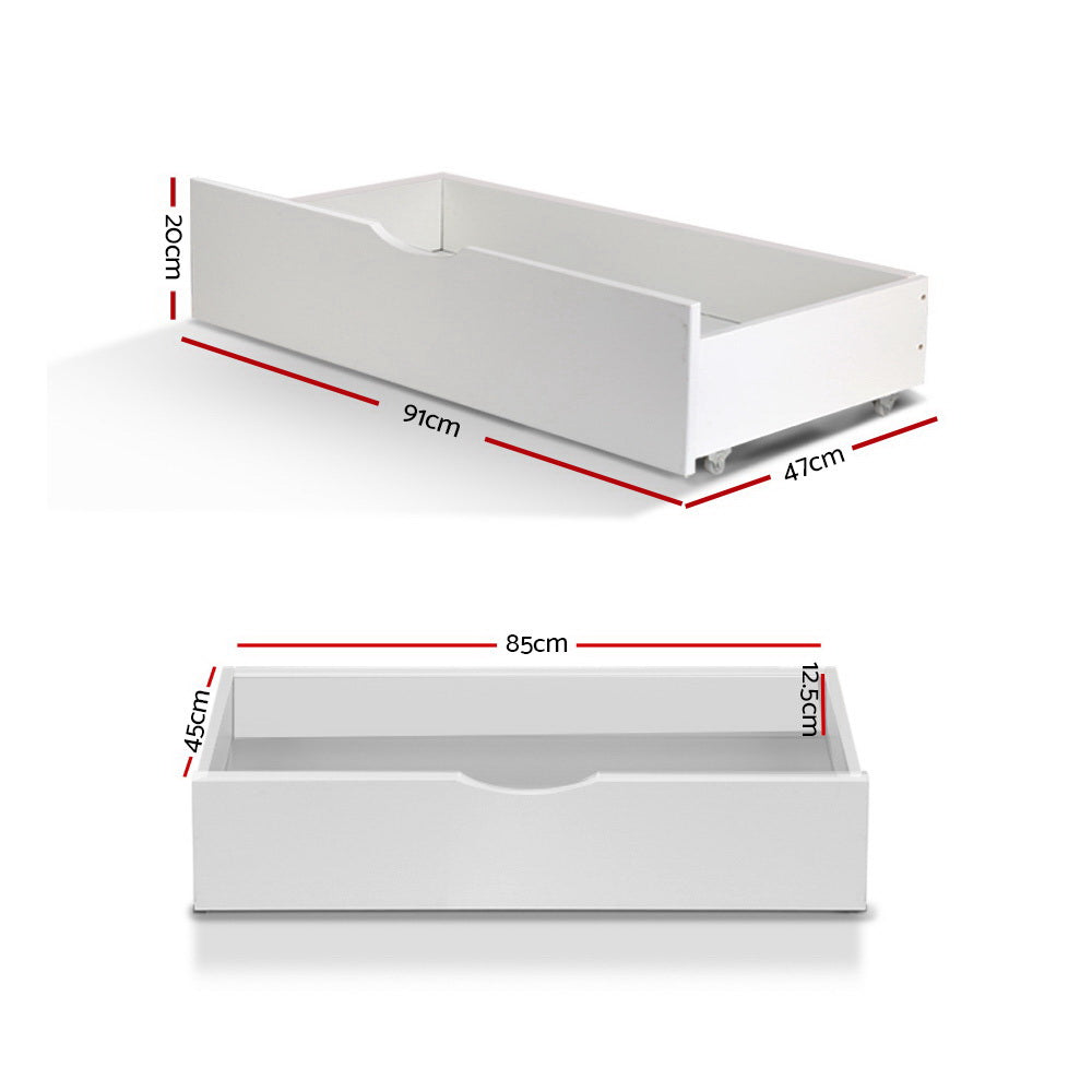 2-Pack White Wooden Storage Drawers Trundle for Single Bed Frame - Under Bed Organizer for Bedroom, Kids Room, Dormitory & Small Spaces