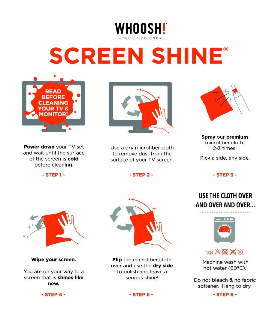 WHOOSH! Screen Cleaning Kit - 500ml Spray & 35x35cm Microfiber Cloth for Smartphones, iPad, Kindle, Glasses, TVs & Touch Screens | Streak-Free Cleaning for Electronics, Eyewear & Home Office Use