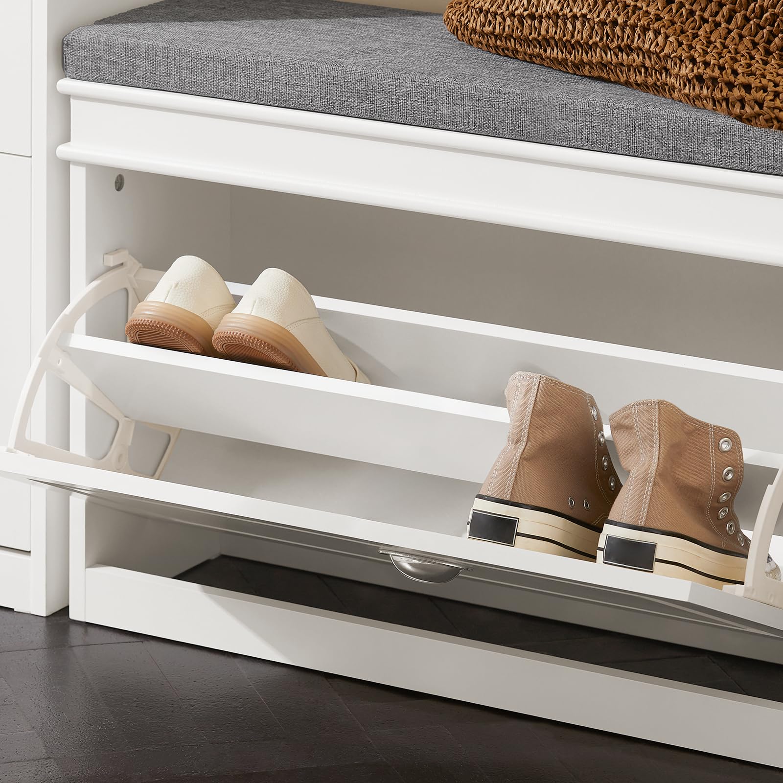 White Narrow Shoe Storage Bench with Cushion - 2-Tier Flip-Drawer Entryway Shoe Cabinet for Hallway, Closet & Mudroom Organization (FSR82-L-W) - Perfect for Small Spaces & Home Entry Organization