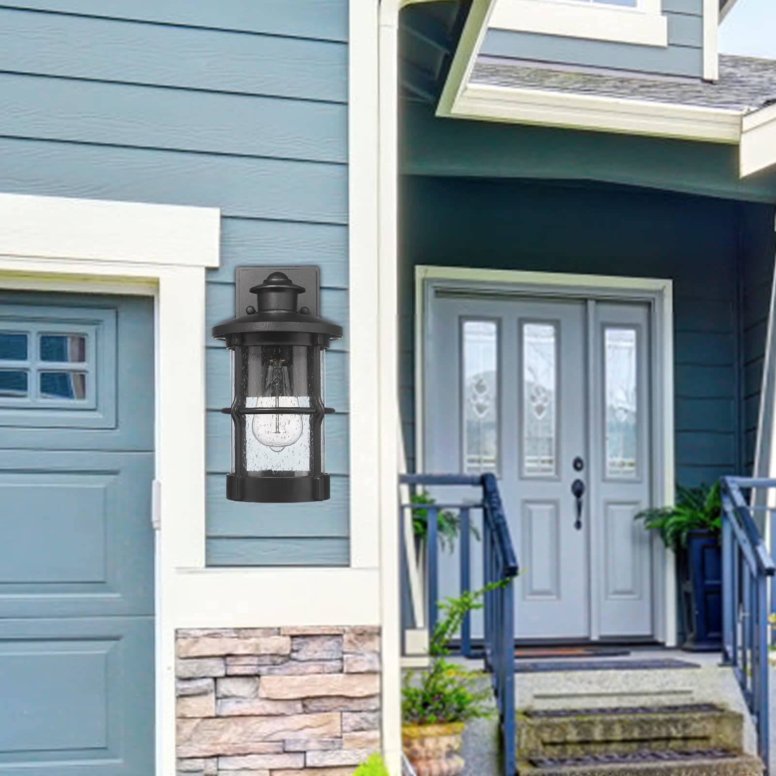 Outdoor Wall Sconces 2 Pack - Dusk to Dawn Exterior Wall Mount Lighting with Seeded Glass & Black Finish - Perfect for Porch, Patio, Garden, and Entryway Lighting
