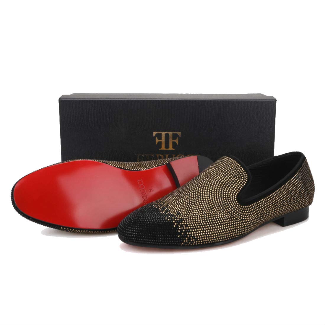 FERUCCI Men's Black & Gold Crystal Rhinestone Loafers - Luxury Slip-On Shoes for Casual Wear, Parties & Special Occasions