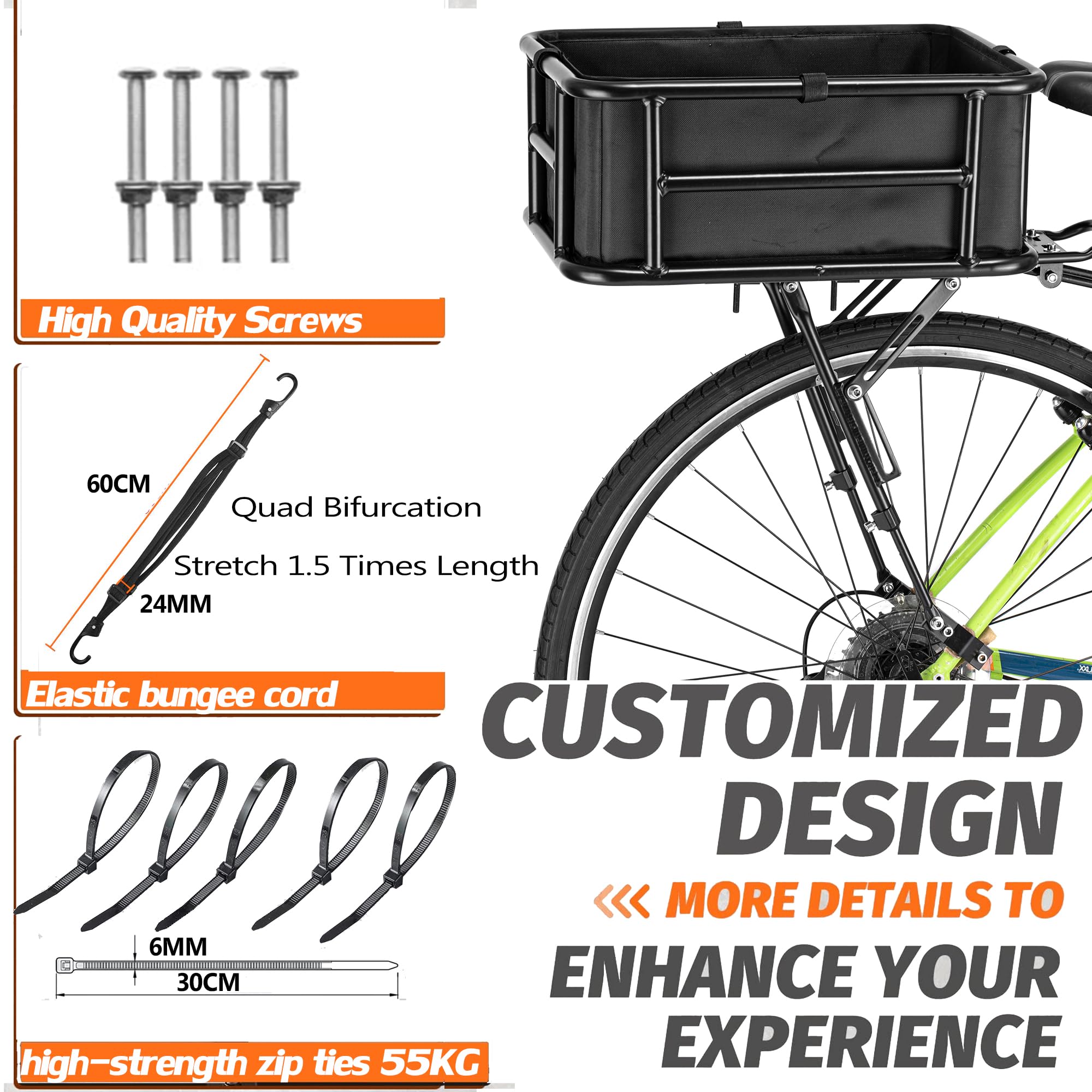 Large Waterproof Rear Bike Basket with Liner, Cargo Net & Bungee Cord - Perfect for Electric Bicycles, Commuting, Grocery Shopping & Outdoor Adventures