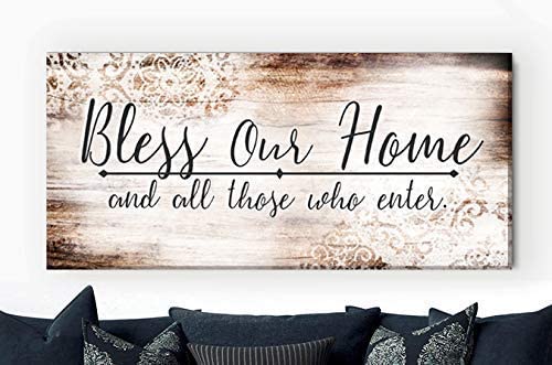 Bless Our Home Wooden Framed Canvas Wall Art - 42x19 Inch Rustic Religious Housewarming Gift for Living Room Decor | Perfect for Farmhouse, Cottage & Prayer Room Decoration