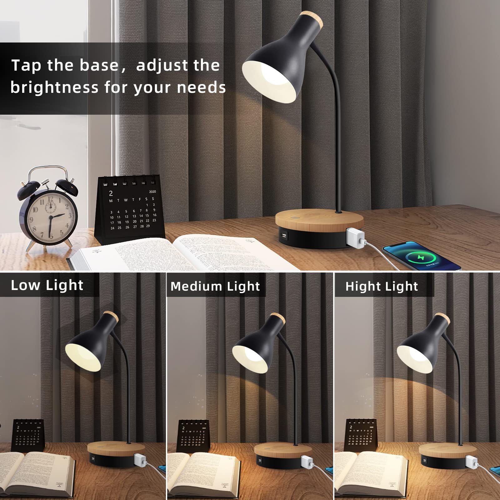 Wireless Charging Metal Desk Lamp - 3-Way Dimmable Touch Control LED Reading Light with USB Ports for Bedroom, Study Room & Office | Perfect for Night Reading, Working & Phone Charging (Black)