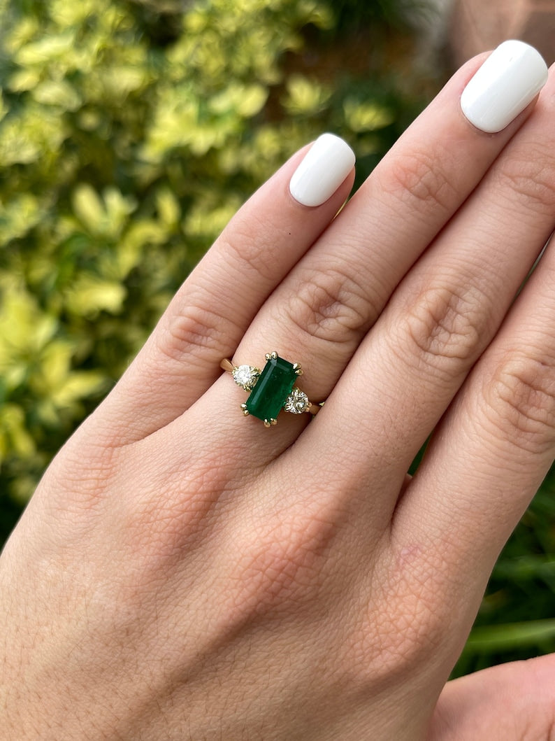 2.78tcw 18K Gold Natural Emerald Cut & Brilliant Round Diamond Three Stone Ring - Deep Dark Alpine Green Gemstone Jewelry for Engagement, Wedding & Anniversary Gifts