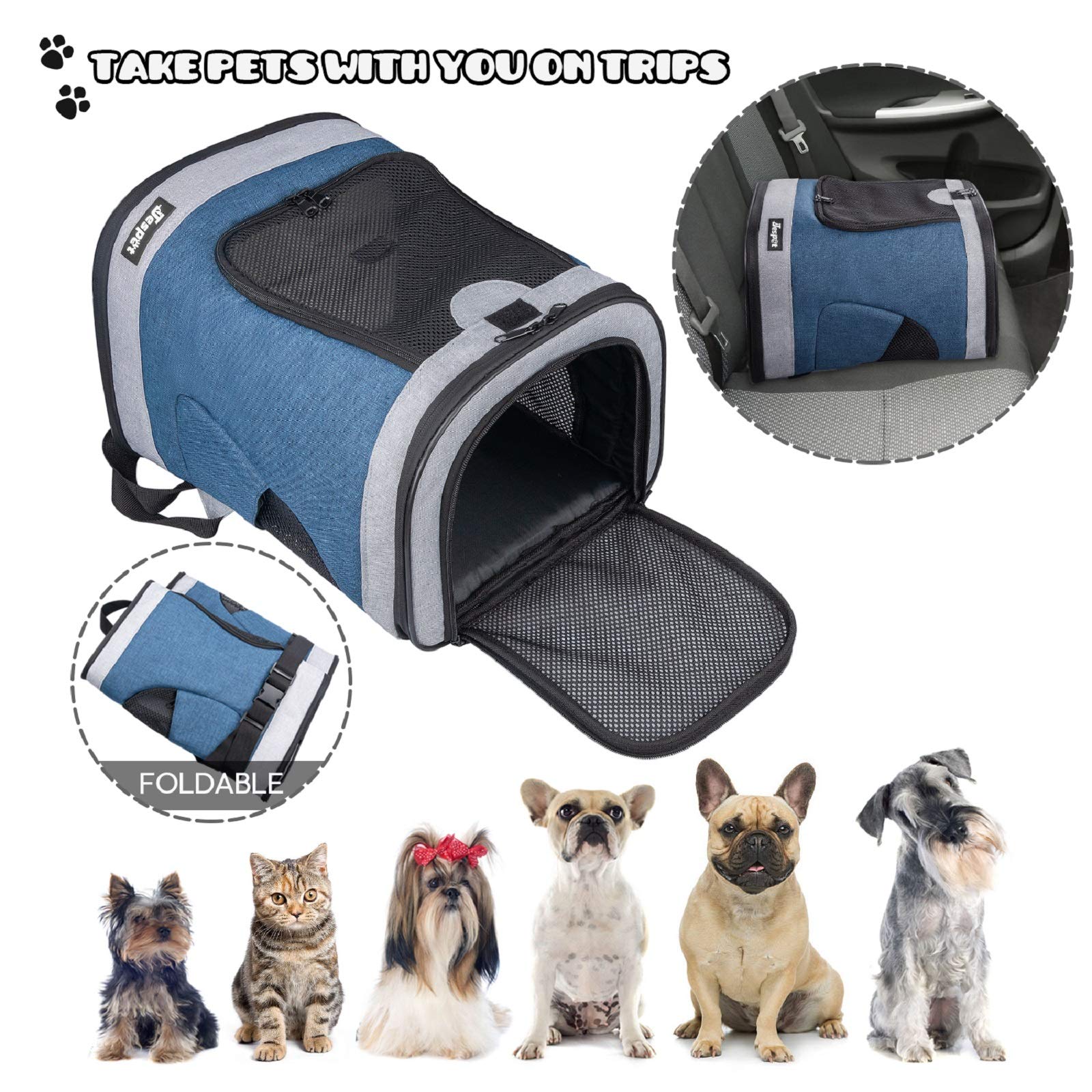 JESPET & GOOPAWS Pet Carrier Backpack for Small Dogs & Puppies - Lightweight, Breathable & Comfortable Travel Backpack for Hiking, Walking, Airplane, Outdoor Adventures with Your Pet (Blue Grey) - Perfect for Daily Commutes, Vet Visits & Family Outings