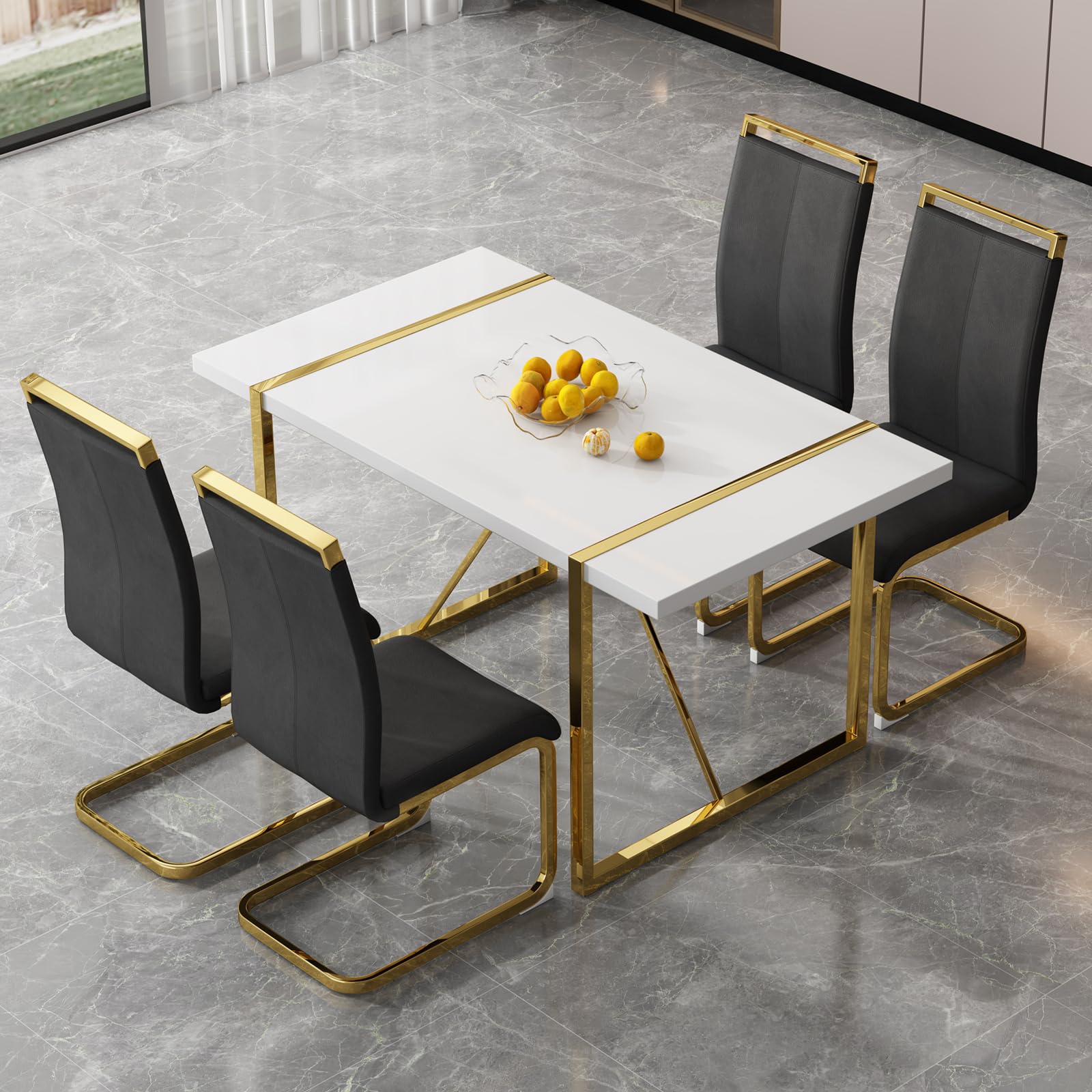 Modern 5-Piece White MDF Dining Table Set with Black Faux Leather Chairs & Metal Frame - Rectangular Kitchen Table for 4 - Perfect for Small Spaces, Apartments, and Contemporary Dining Rooms
