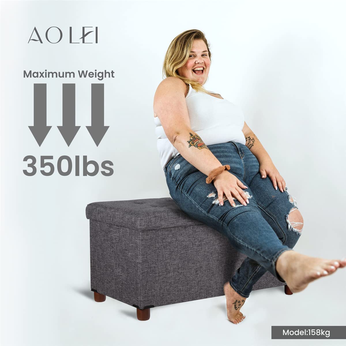30 Inch Storage Ottoman Bench with Removable Lid - Wooden Legs, Linen Fabric, Foldable Design for Living Room, Bedroom & Foot Rest - Perfect for End of Bed, Small Space Organization & Home Decor