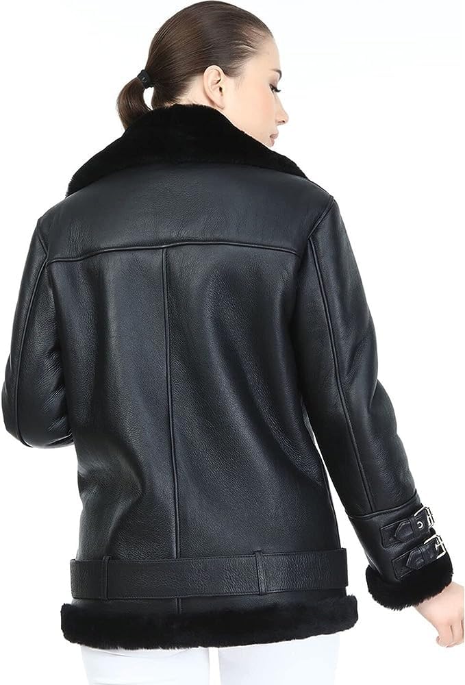 Women's Shearling Coat - Soft & Warm Winter Jacket with Real Fur Trim, XX-Large Black Outerwear for Cold Weather | Cozy Fashion for Everyday Wear & Outdoor Activities