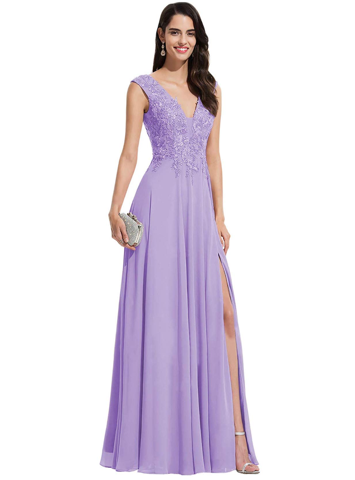 Elegant Long Chiffon Prom Dresses for Women - V-Neck Formal Evening Gowns with Appliques & High Slit | Perfect for Bridesmaids, Homecoming, and Special Occasions