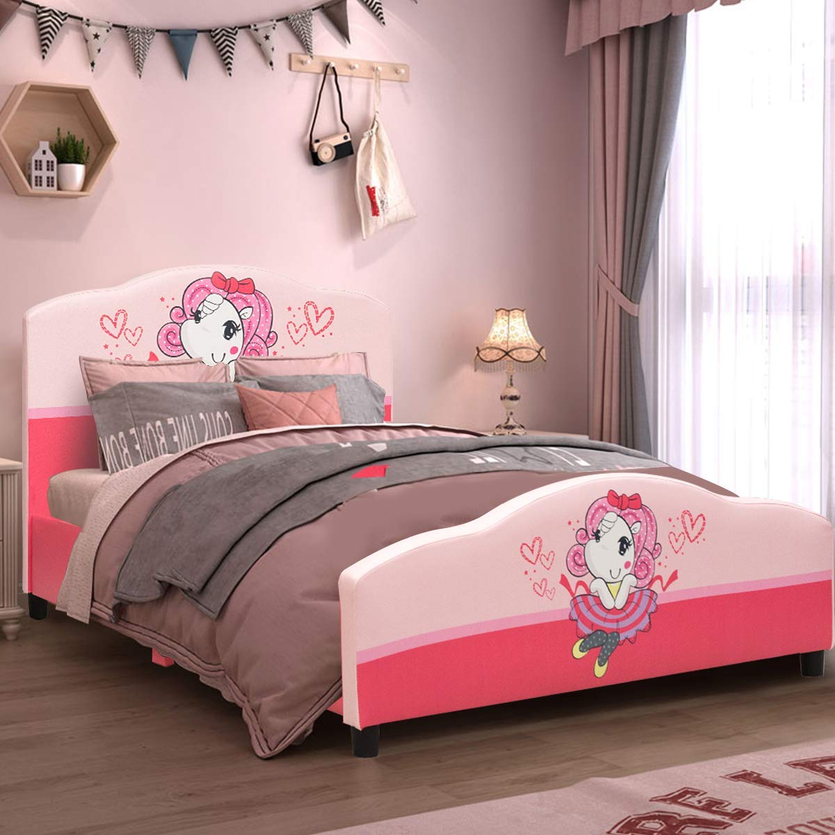 Costzon Twin Bed Frame for Kids - Wooden Upholstered Platform Bed with Slat Support, Padded Headboard & Footboard - No Box Spring Needed - Easy Assembly - Fits Standard Twin Mattress - Perfect for Little Girls' Bedrooms, Playrooms & Sleepovers