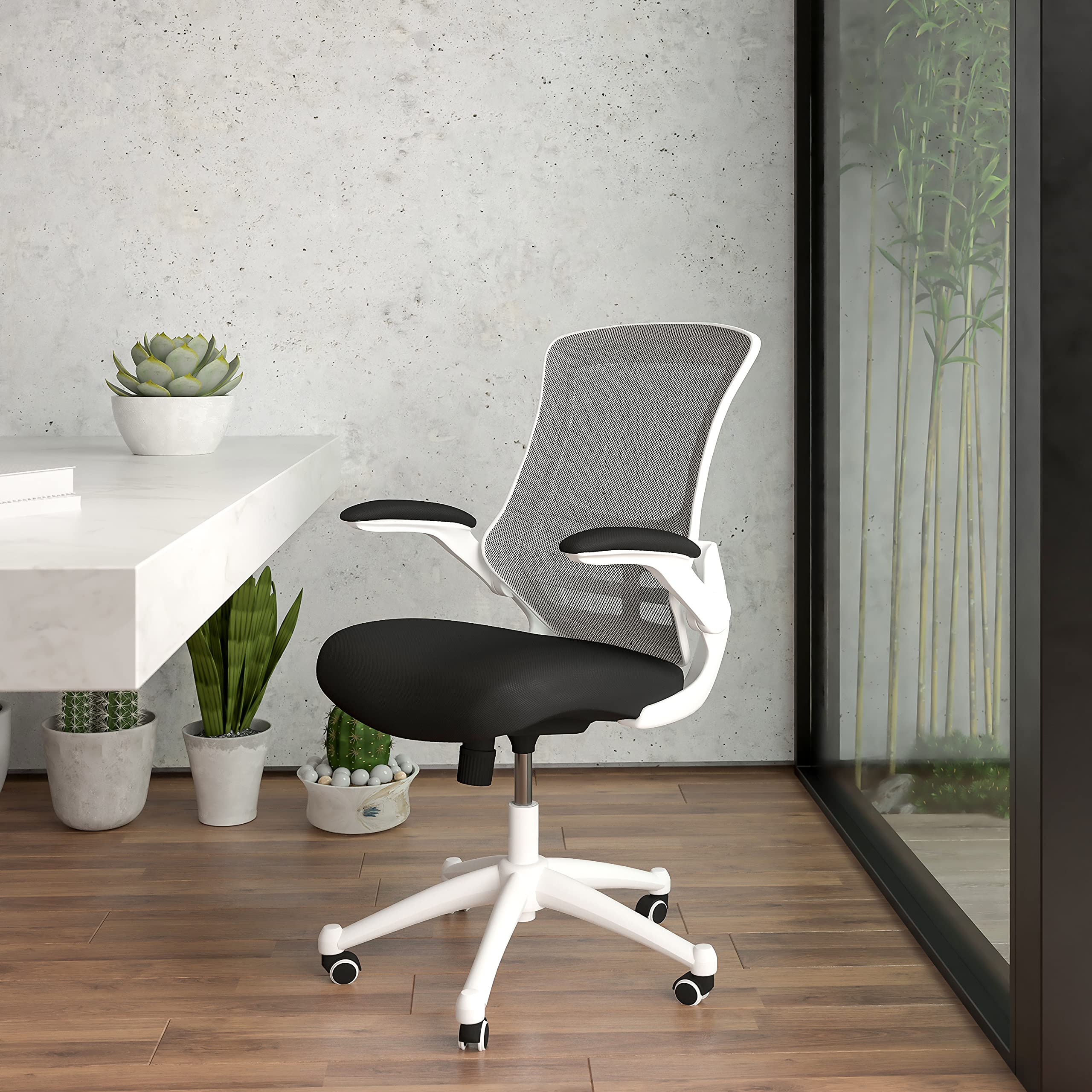 EMMA + OLIVER Black Mesh Ergonomic Office Chair with White Frame - Mid-Back Swivel Task Chair with Flip-Up Arms for Home Office, Gaming & Workspace Comfort