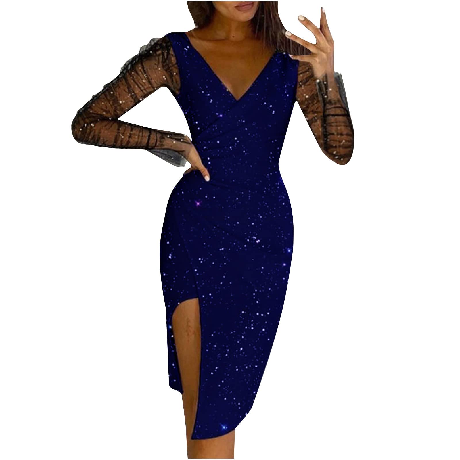 Elegant Long Sleeve Sheer Mesh V-Neck Midi Dress with Slit - Women's Formal Cocktail & Evening Party Gown (Perfect for Weddings, Galas, and Special Occasions)