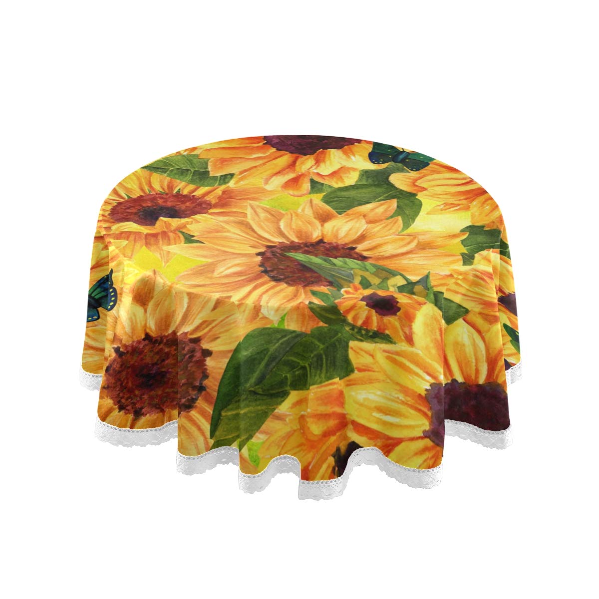 AUUXVA 60 Inch Round Macrame Lace Tablecloth - Floral Sunflower Butterfly Design Polyester Kitchen Dining Table Cover for Parties, Home Decor | Perfect for Weddings, Tea Parties & Outdoor Events