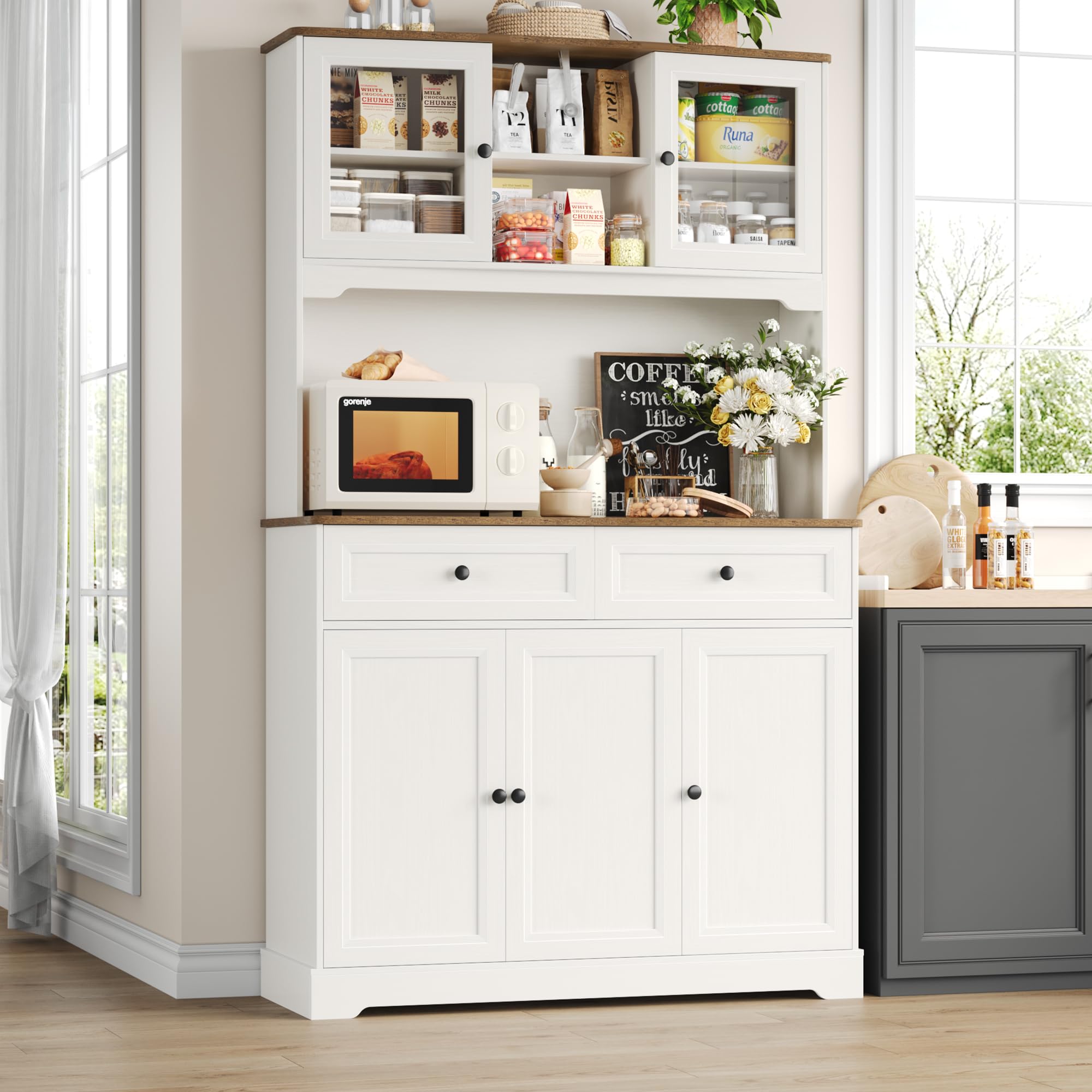White Tall Kitchen Pantry Storage Cabinet with Adjustable Shelves - Microwave Stand & Countertop Hutch for Food Storage - Perfect for Small Kitchens, Apartments & Pantry Organization