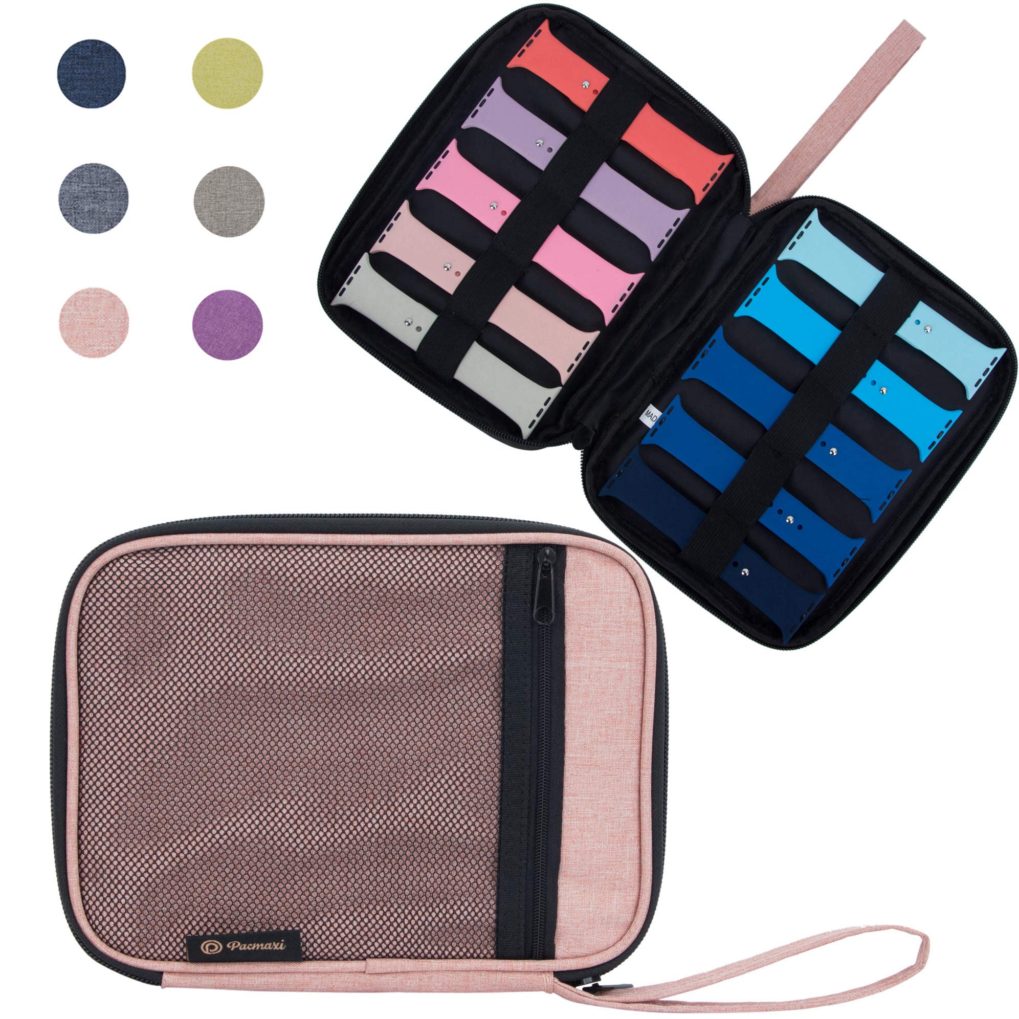 PACMAXI Watch Band Storage Organizer - Holds 10 Watch Straps, Travel-Friendly Watch Band Carrying Case with Zipper Closure, Durable Watch Accessories Organizer (Pink) - Perfect for Apple Watch, Samsung Galaxy Watch & Fitbit Bands Storage