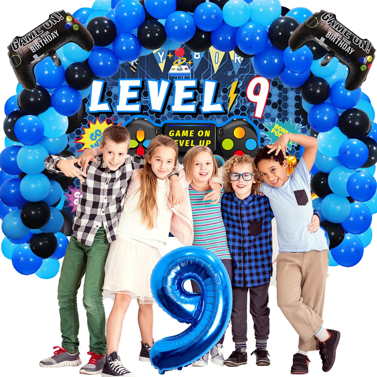 Vlipoeasn 90PCS Blue Video Game Party Decorations Set for Boys - 9th Birthday Party Supplies with Backdrop, Balloons & Tablecloth - Perfect for Gamer Themed Birthday Parties, Gaming Events & Kids Celebrations