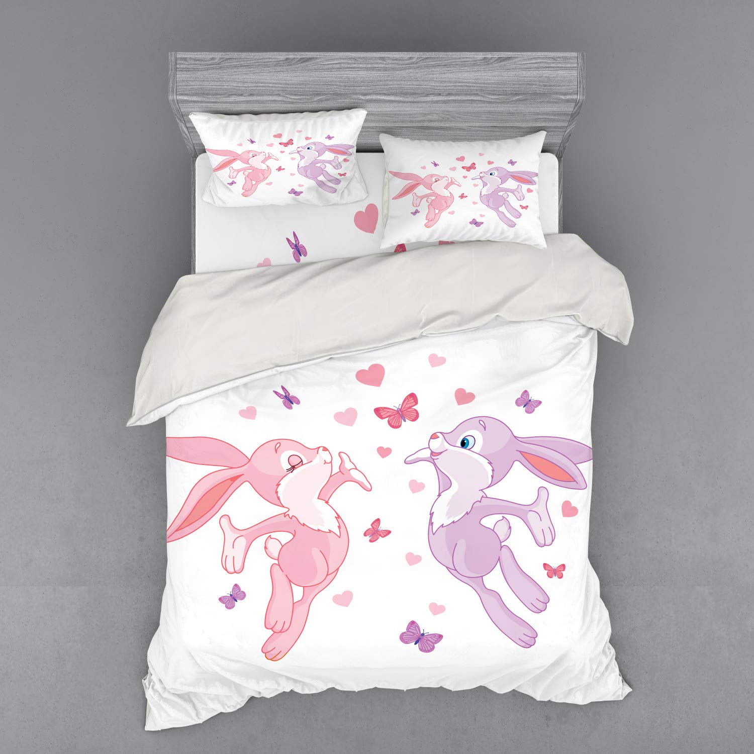 Ambesonne Butterfly Duvet Cover Set - 4 Piece Queen Size with Shams & Fitted Sheet, Pink Purple Valentine Bunnies Kissing Design with Love Hearts & Butterflies - Perfect for Romantic Bedrooms, Guest Rooms & Spring Decor