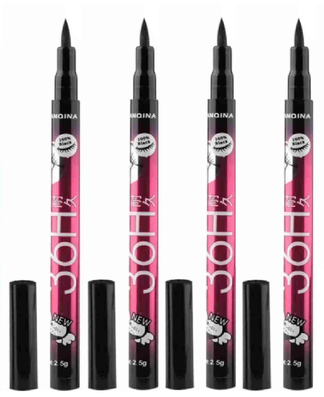 36H Long-Lasting Waterproof Black Eyeliner Pencil - Smudge-Proof & Ultra-Pigmented (Pack of 4) for Professional Makeup, Party Looks & Everyday Wear