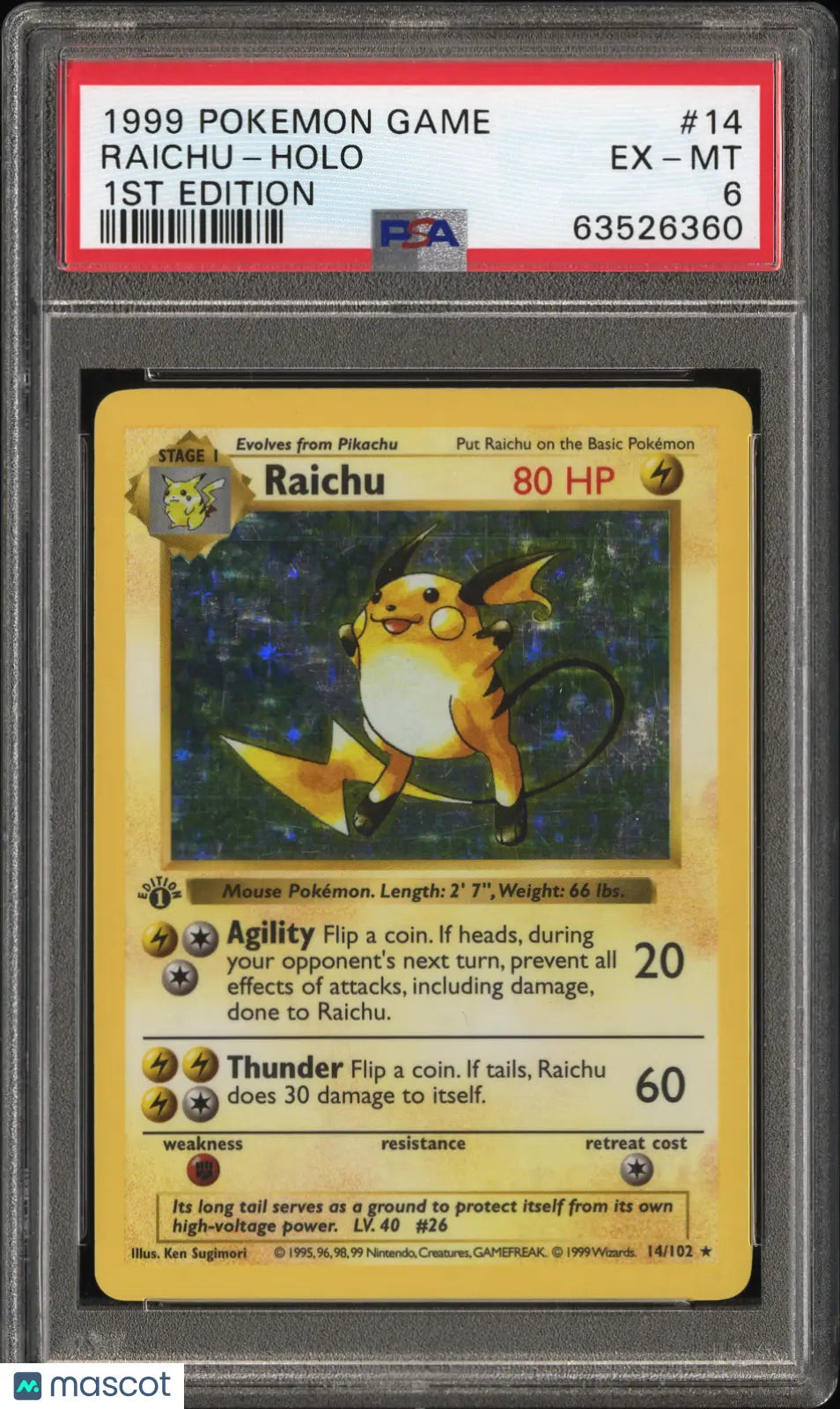 1999 Pokemon Game Raichu Holo 1st Edition PSA 6 14/102 - Rare Vintage Trading Card for Collectors & Battles
