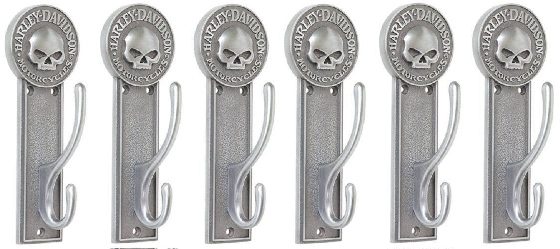 Harley-Davidson Skull Coat Hook Set - Heavy Duty Wall Mount Hooks for Jackets, Hats & Bags (Pack of 6) - Perfect for Garage, Entryway & Motorcycle Gear Organization