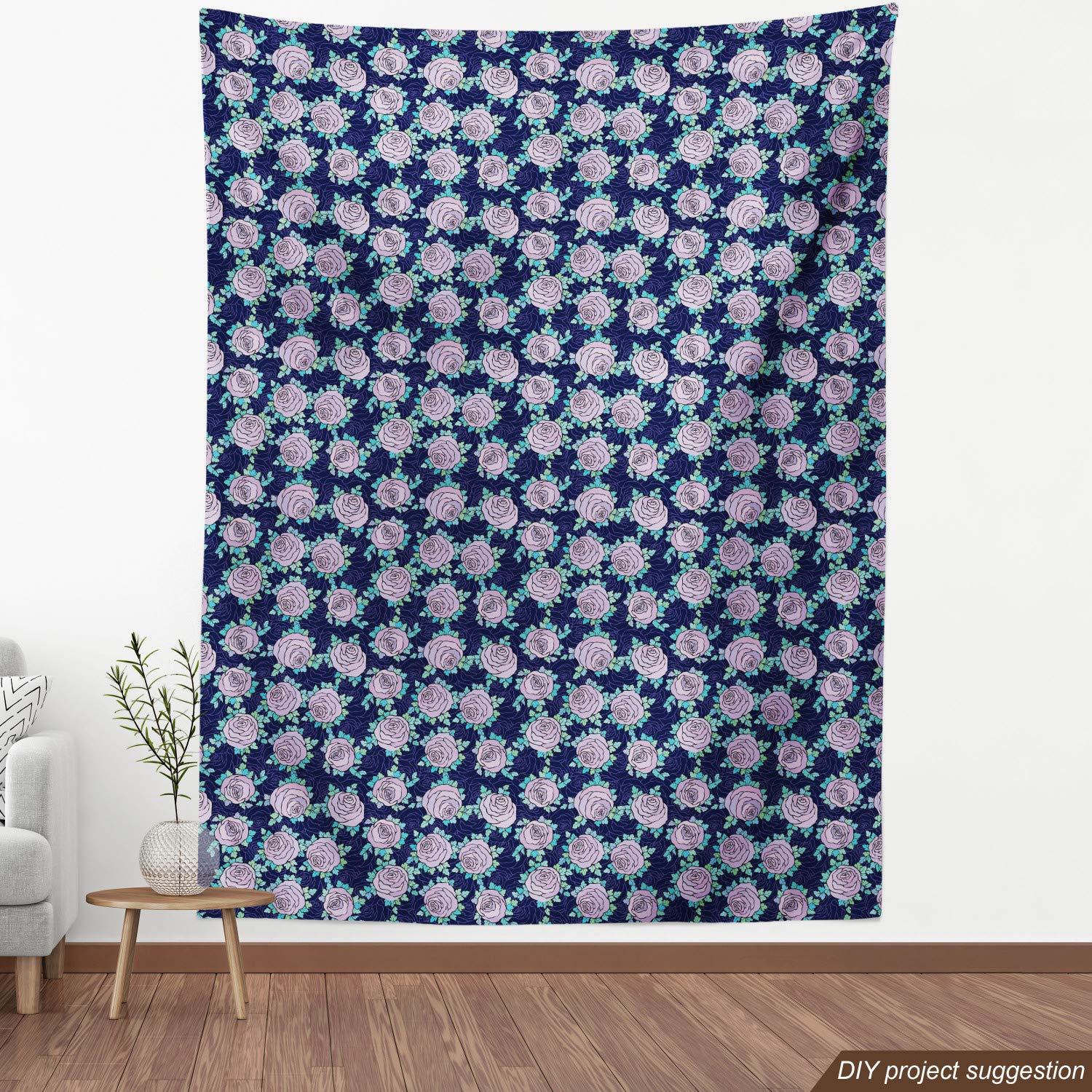 Ambesonne Rose Fabric by The Yard - Romantic Floral Print with Blue Leaves for Upholstery & Home Decor | 1 Yard Indigo Aqua Lilac | Perfect for DIY Curtains, Pillows & Table Runners
