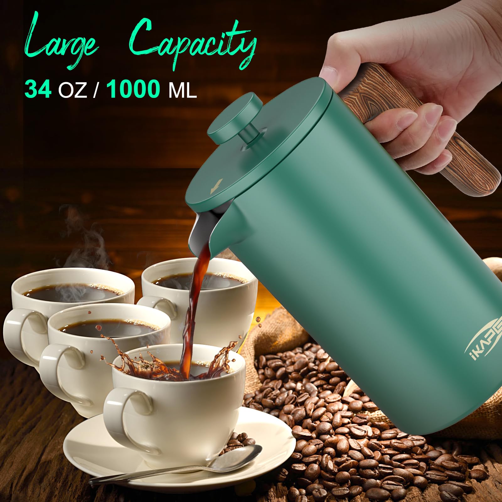 IKAPE 34 OZ French Press Coffee Maker - 304 Stainless Steel Espresso & Tea Brewer with 4-Level Filtration System (Green) | Perfect for Home, Office & Camping Coffee Lovers