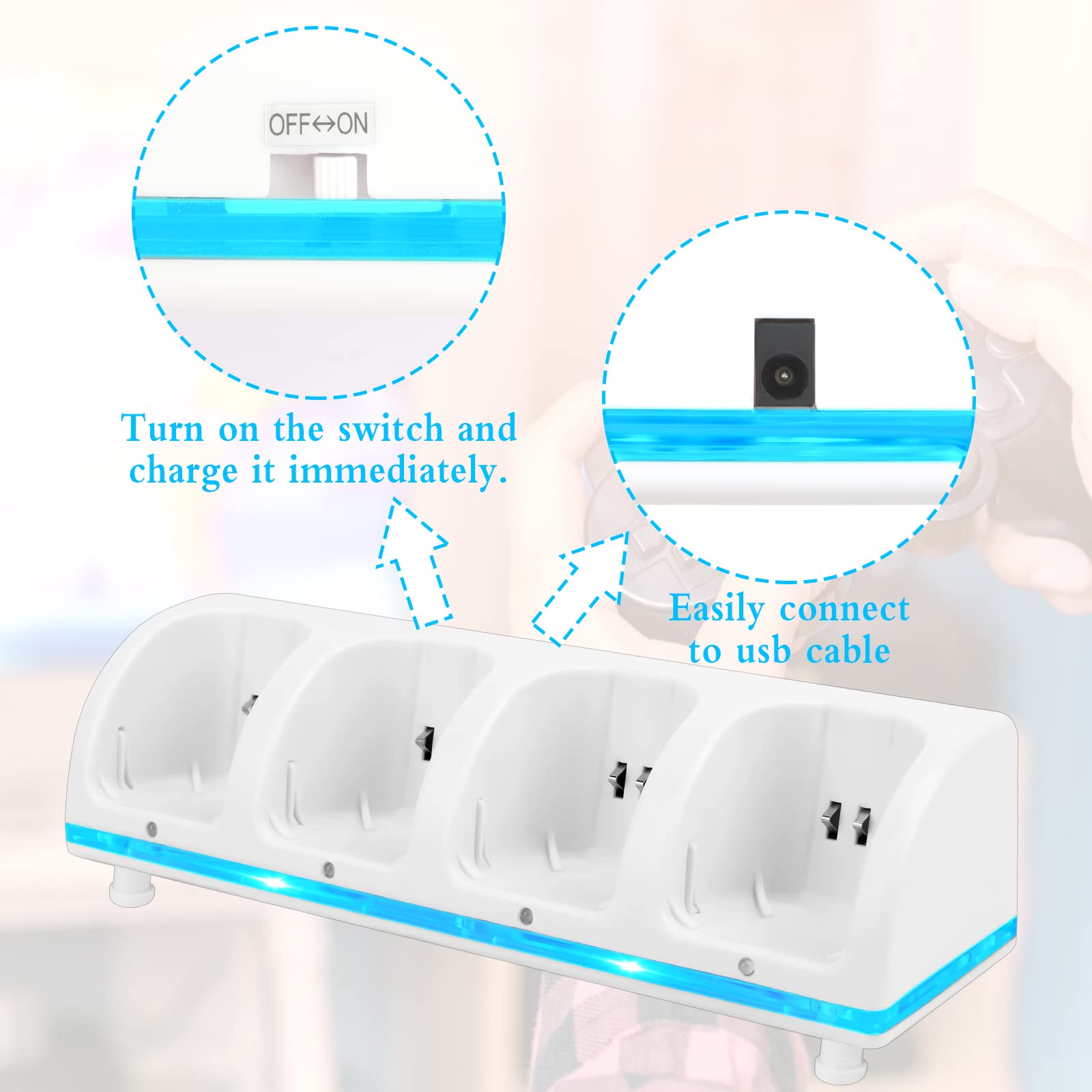 4-in-1 Wii Remote Charging Station with 4 Rechargeable Battery Packs & USB Cable - Compatible with Wii & Wii U Controllers (White) - Perfect for Gaming Nights & Family Entertainment