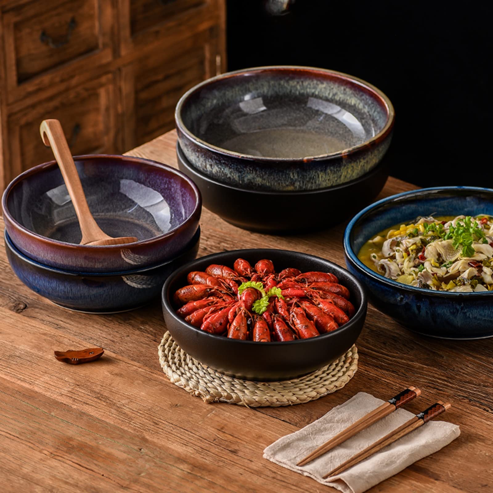 Salad Bowls Ceramic Soup Bowls - Porcelain Salad & Ramen Bowls, Large Cereal Bowls for Kitchen - Perfect for Soups, Salads, Ramen, and Breakfast Cereals (Color: A)