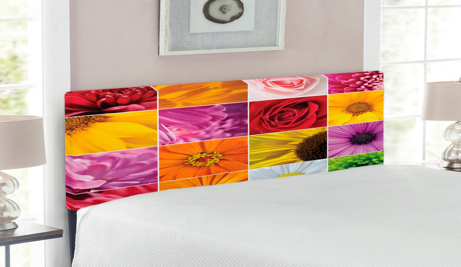 Ambesonne Floral Upholstered Headboard - Queen Size Bed Frame with Memory Foam, Chrysanthemum Rose Sunflower Violet Design in Orange Yellow Pink | Romantic Bedroom Decor for Master Bedroom, Guest Room & Bridal Suite