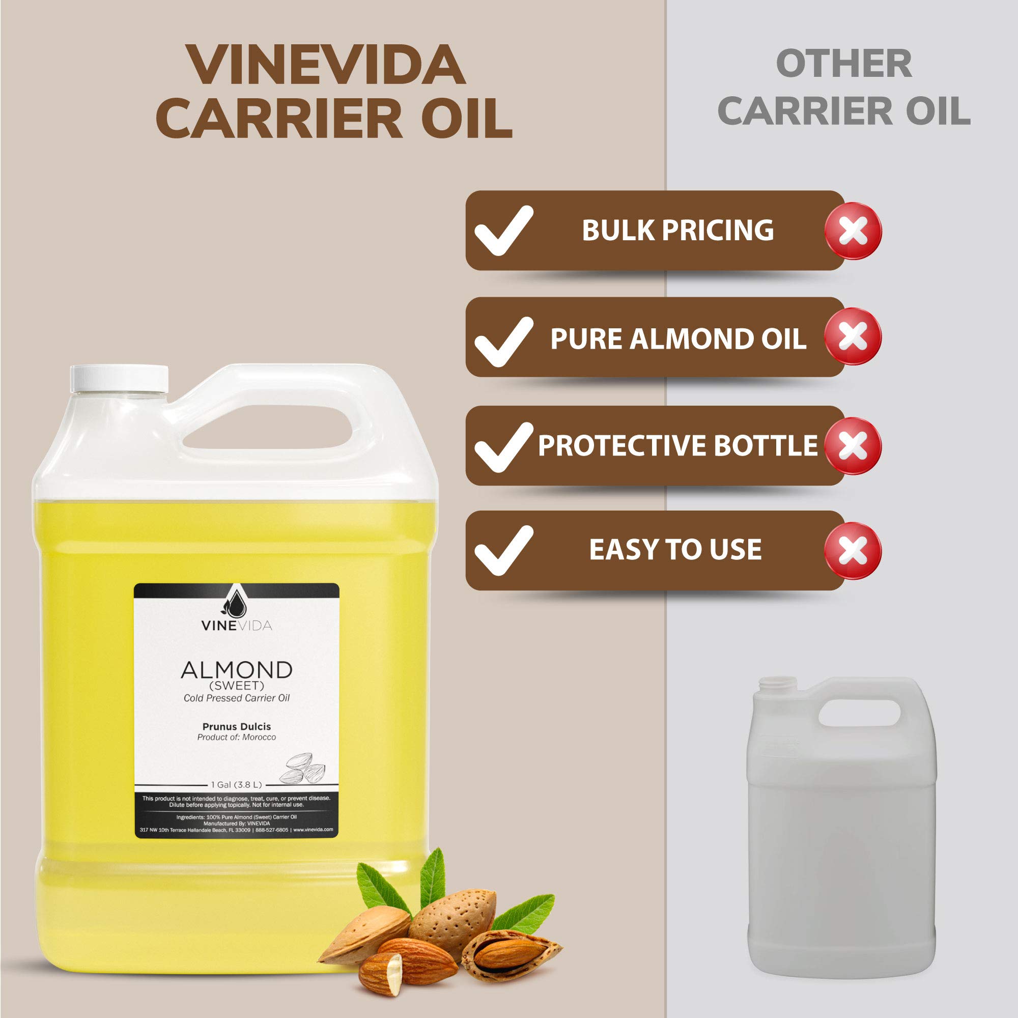 VINEVIDA Pure Sweet Almond Carrier Oil - 1 Gallon Bulk Undiluted for Soap Making, Candle Scents & DIY Skincare | Moisturizing Body Oil for Massage, Hair Care & Aromatherapy | 8 lbs Natural Almond Oil