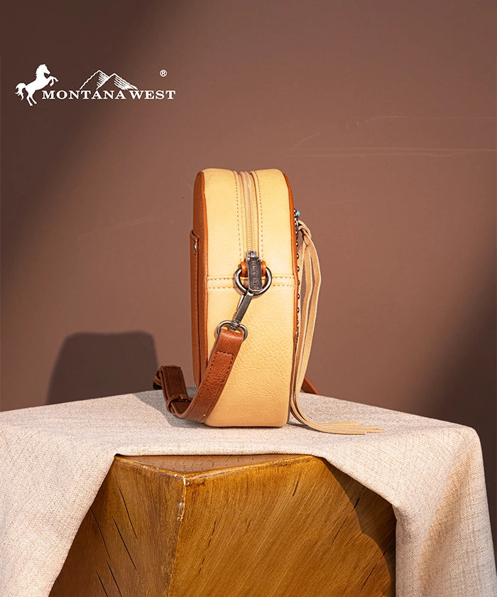 Montana West Tooled Leather Circle Crossbody Bag for Women - Stylish Boho Shoulder Purse for Everyday Use, Travel & Shopping