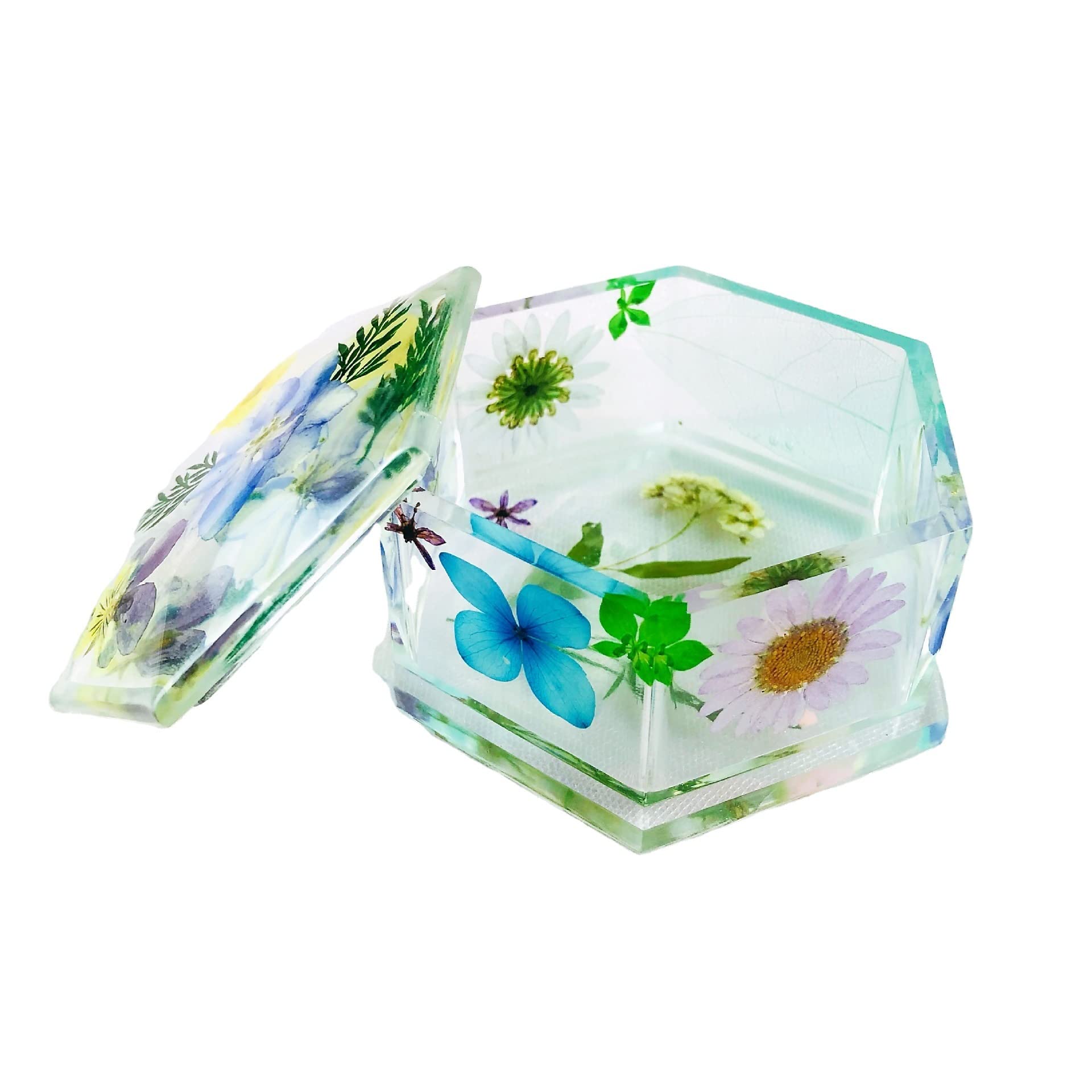 Personalized Acrylic Jewelry Box with Real Dried Flowers - Hexagon Ring Organizer with Custom Name - Clear Jewelry Storage Case for Women & Girls - Perfect for Wedding Rings, Earrings, Necklaces & Gift Giving