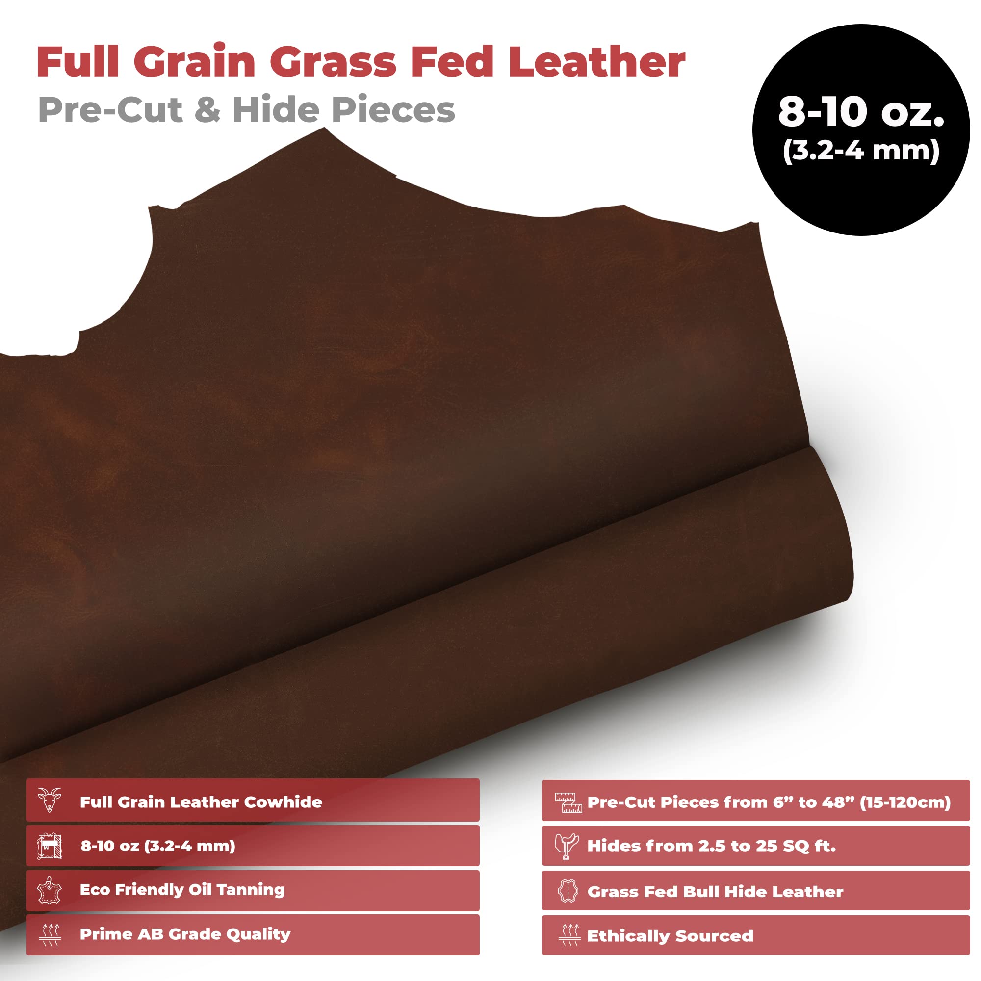 Premium 8-10 oz (3-4mm) Grass-Fed Full Grain Cowhide Leather - 24