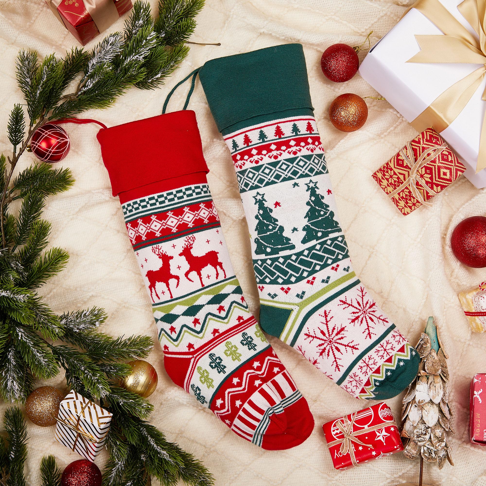 Mostop 6 Pack Christmas Stockings - 21 Inch Large Cable Knit Holiday Stockings with Snowflake, Reindeer & Snowman Designs - Festive Xmas Decor for Fireplace, Mantel & Family Gatherings