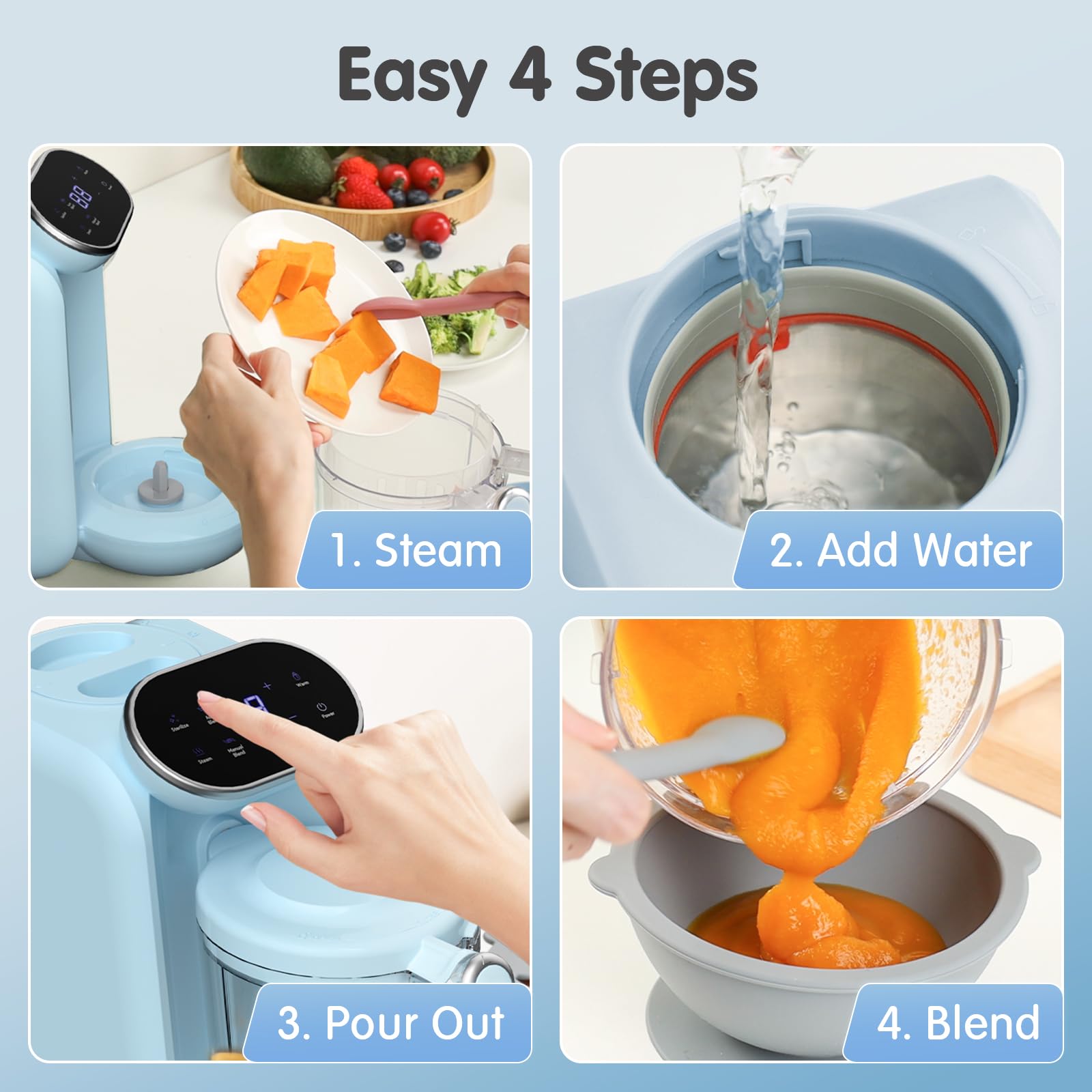 **Chefhandy Baby Food Maker with Steam Basket - Auto Cooking & Grinding, One-Step Baby Food Steamer & Puree Blender - Touch Screen Control (Blue) | Perfect for Homemade Baby Puree, Toddler Meals & Healthy Snacks**