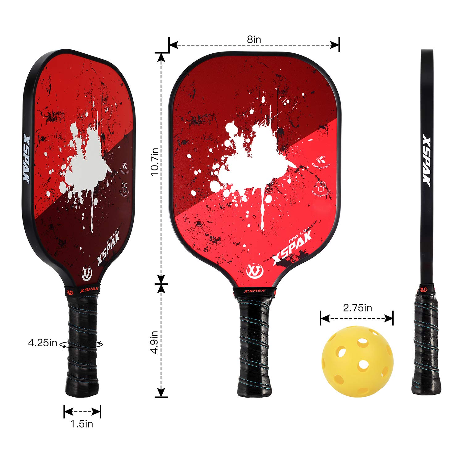 XS XSPAK Pickleball Paddle - USAPA Approved Lightweight Graphite Carbon Fiber Racket with Polypropylene Honeycomb Core | Includes Protective Cover | Perfect for Tournaments, Recreational Play & Outdoor Sports