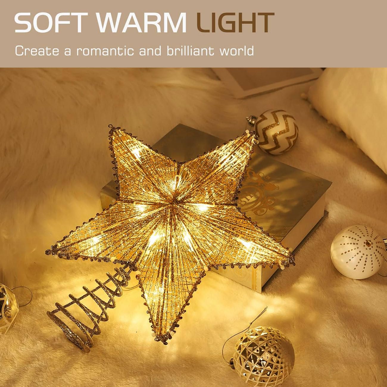 Lewondr USB-Powered Remote Control Christmas Tree Topper with LED Lights and Sequins - Gold Star Decor with 6H Timer for Holiday Trees | Perfect for Home, Office & Party Christmas Decorations