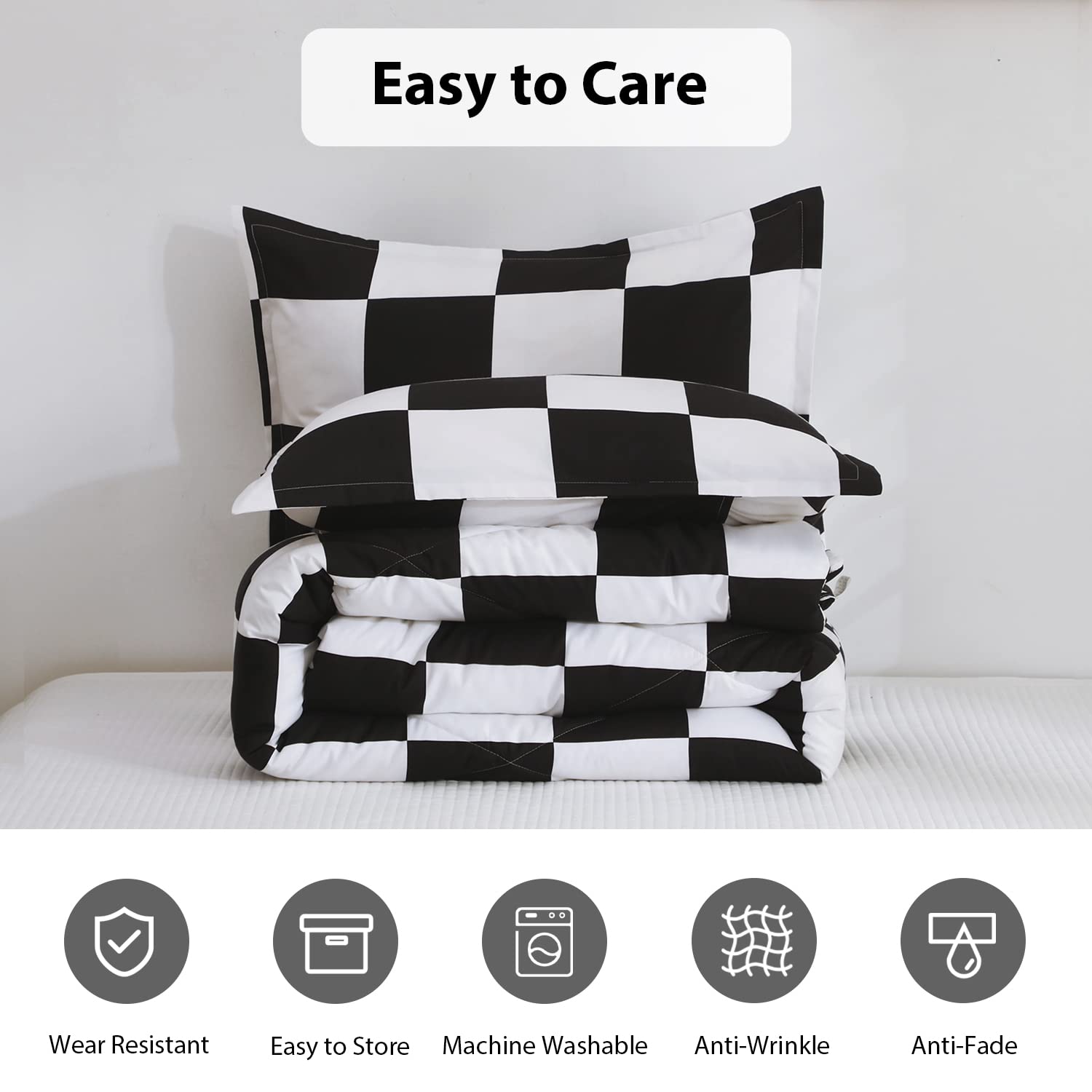 LUCKYBULL 3-Piece Full Comforter Set - Fluffy Down Alternative Bedding in Black & White Plaid, Soft Textured Checkered Design with 2 Pillow Shams - All Season Cozy Comfort for Bedroom, Guest Room, or Dorm