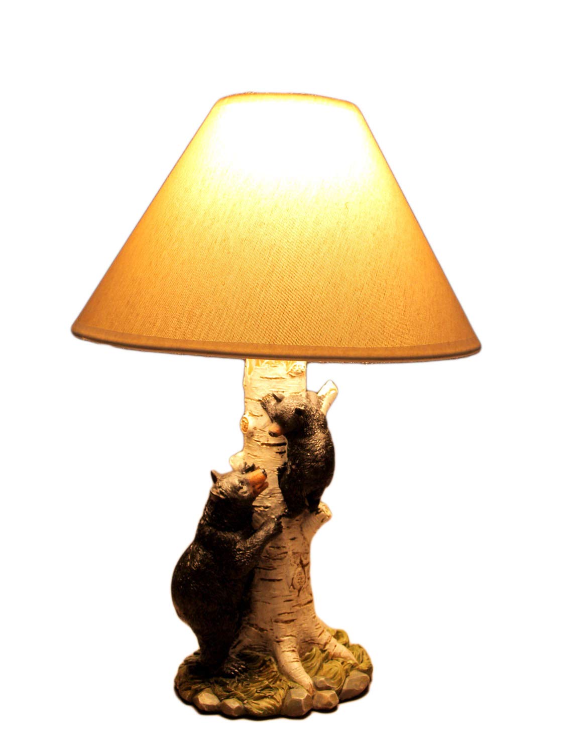 Zeckos Black Bear and Cub Birch Tree Table Lamp with Shade - Handcrafted Wooden Nightstand Light for Bedroom, Nursery, or Cabin Decor - Cozy Wildlife Themed Lighting for Home & Office