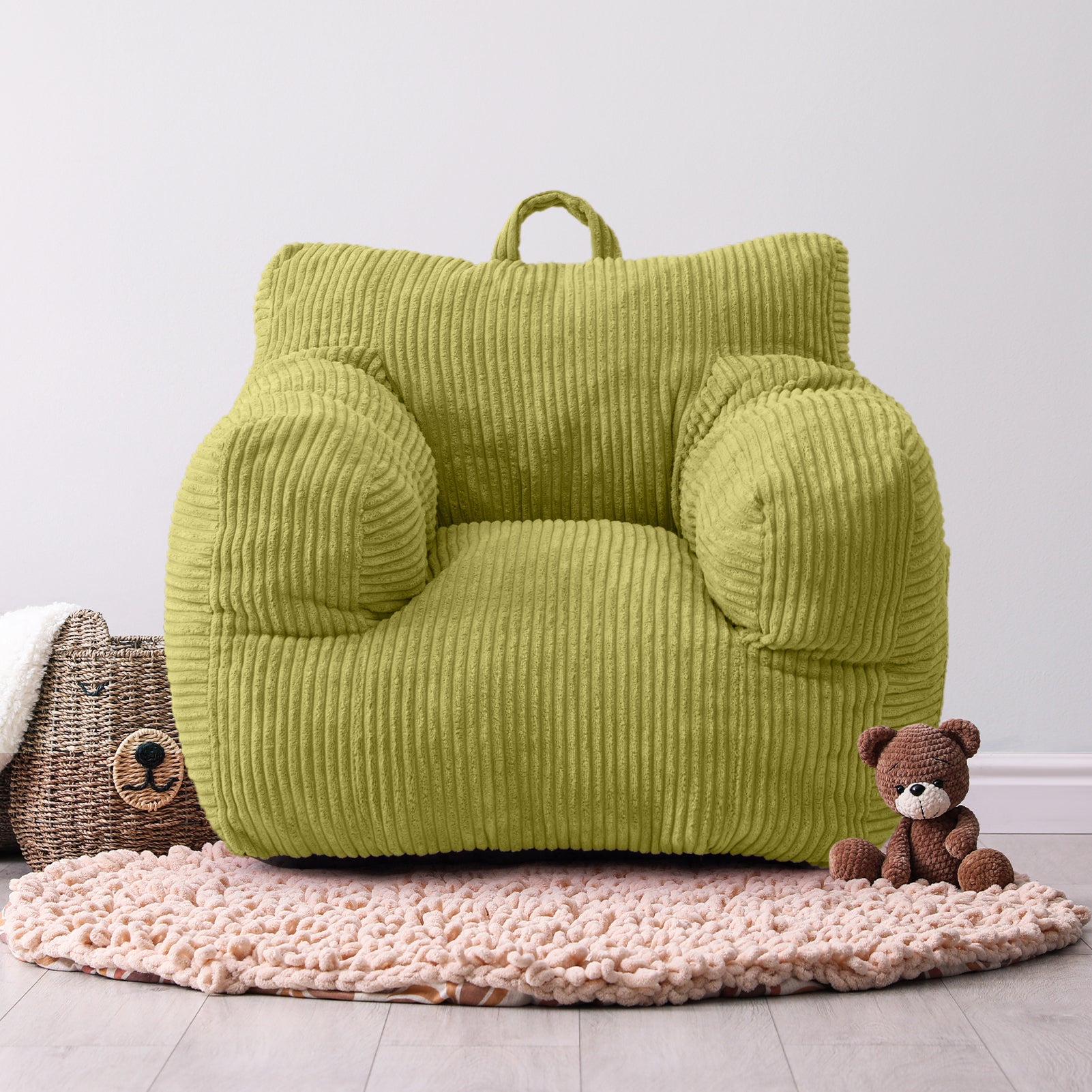 MAXYOYO Kids Bean Bag Chair - Soft Corduroy Bean Bag Couch with Armrests for Children's Bedroom, Playroom & Dorm (Green) - Perfect for Reading, Gaming & Relaxing