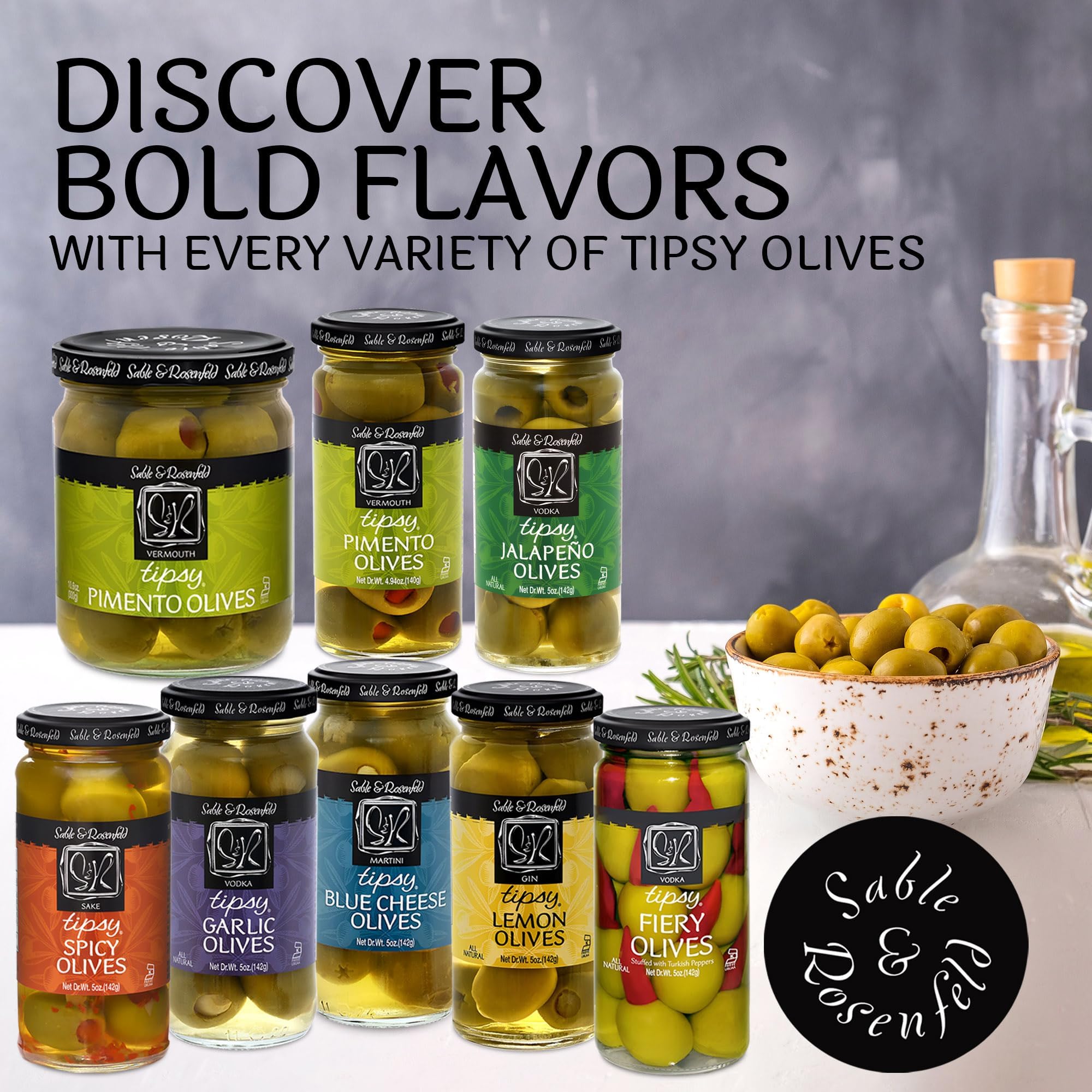 Sable & Rosenfeld Tipsy Olives - Green Olives Stuffed with Garlic in Vodka, Large Cocktail Olives for Martinis, Bloody Mary & Drinks - Perfect for Home Bars, Parties & Gourmet Gift Giving - 5 oz (Pack of 3)