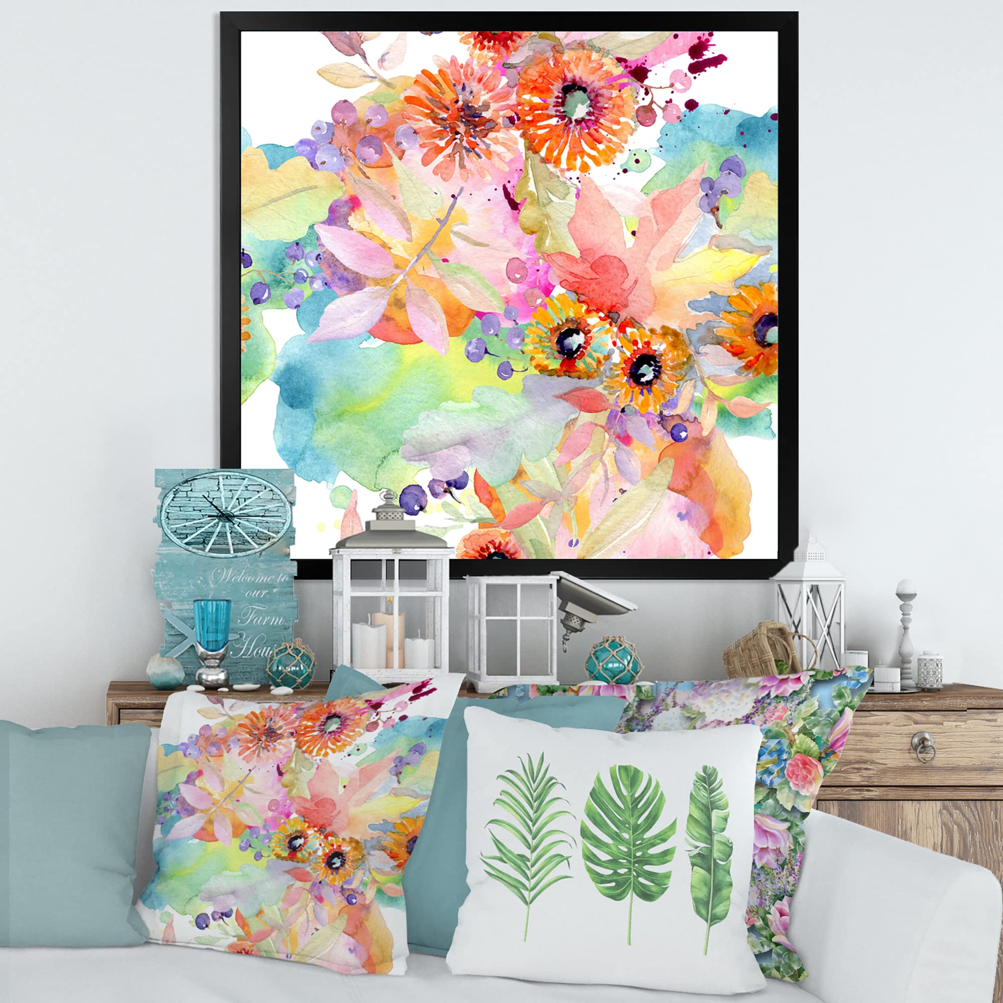 Vibrant Wild Spring Leaves and Wildflowers Framed Wall Art - Traditional Nature-Inspired Home Decor for Living Room, Bedroom & Office