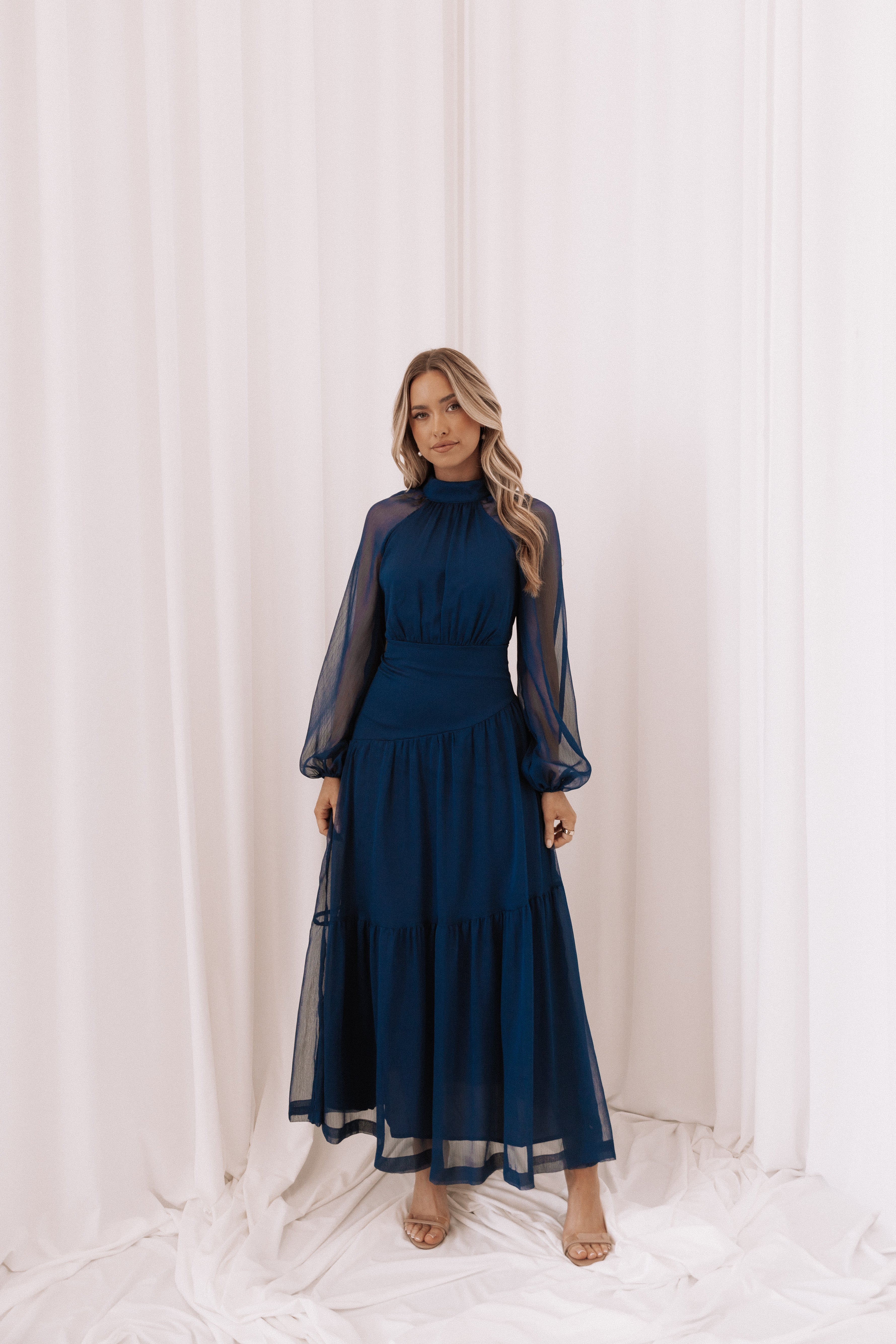 Julip Sheer Long Sleeve Maxi Dress for Women - Navy Blue Flowy Beach Cover Up, Elegant Evening Gown & Summer Boho Dress for Vacations, Weddings & Date Nights