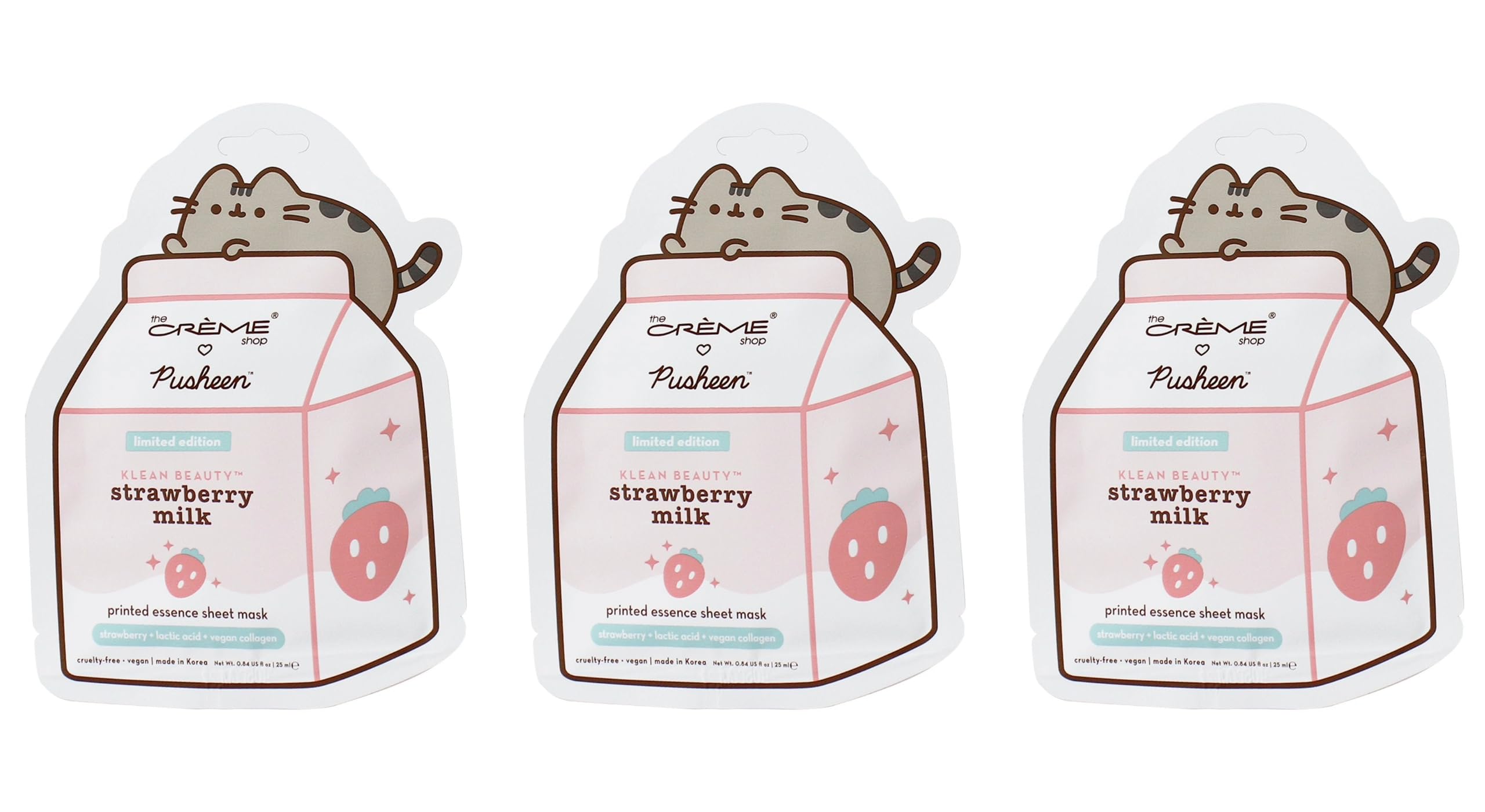 The Crème Shop X PUSHEEN KLEAN BEAUTY Strawberry Milk Printed Essence Sheet Mask - Vitamin C & Vegan Collagen for Brightening & Youthful Skin | Vegan, Cruelty-Free (3 Pack) | Perfect for Spa Night, Self-Care Routine & Gift Giving