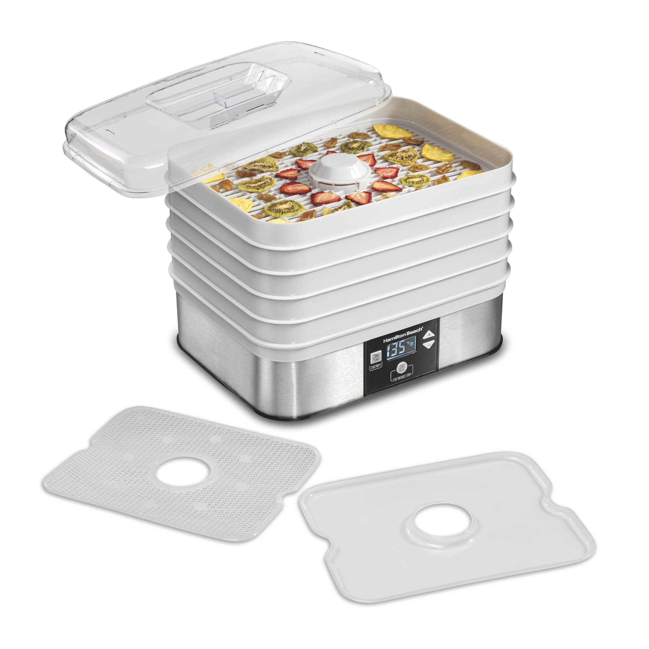 Hamilton Beach 5-Tray Digital Food Dehydrator for Fruits, Jerky & Vegetables - Adjustable Temperature Control with 48-Hour Timer & Auto Shutoff - Perfect for Healthy Snacks, Camping Food Prep & Long-Term Food Storage (Model 32100A, Grey)