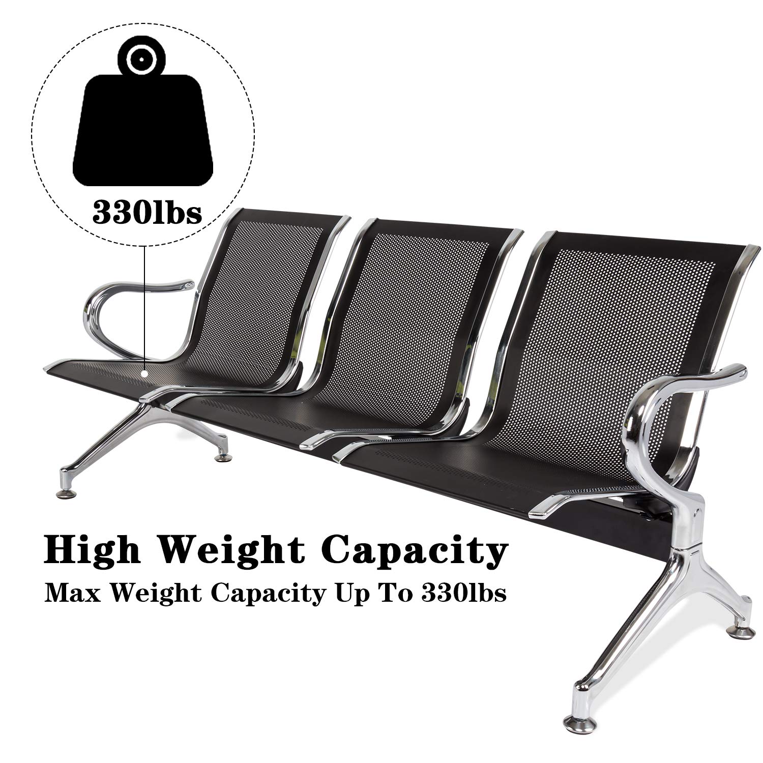 3-Seat Waiting Room Chairs with Arms - Durable Reception Bench for Airport, Hospital, Bank & Lobby - Comfortable Guest Seating for Waiting Areas, Schools & Barbershops (Black) - Perfect for High-Traffic Public Spaces & Commercial Environments