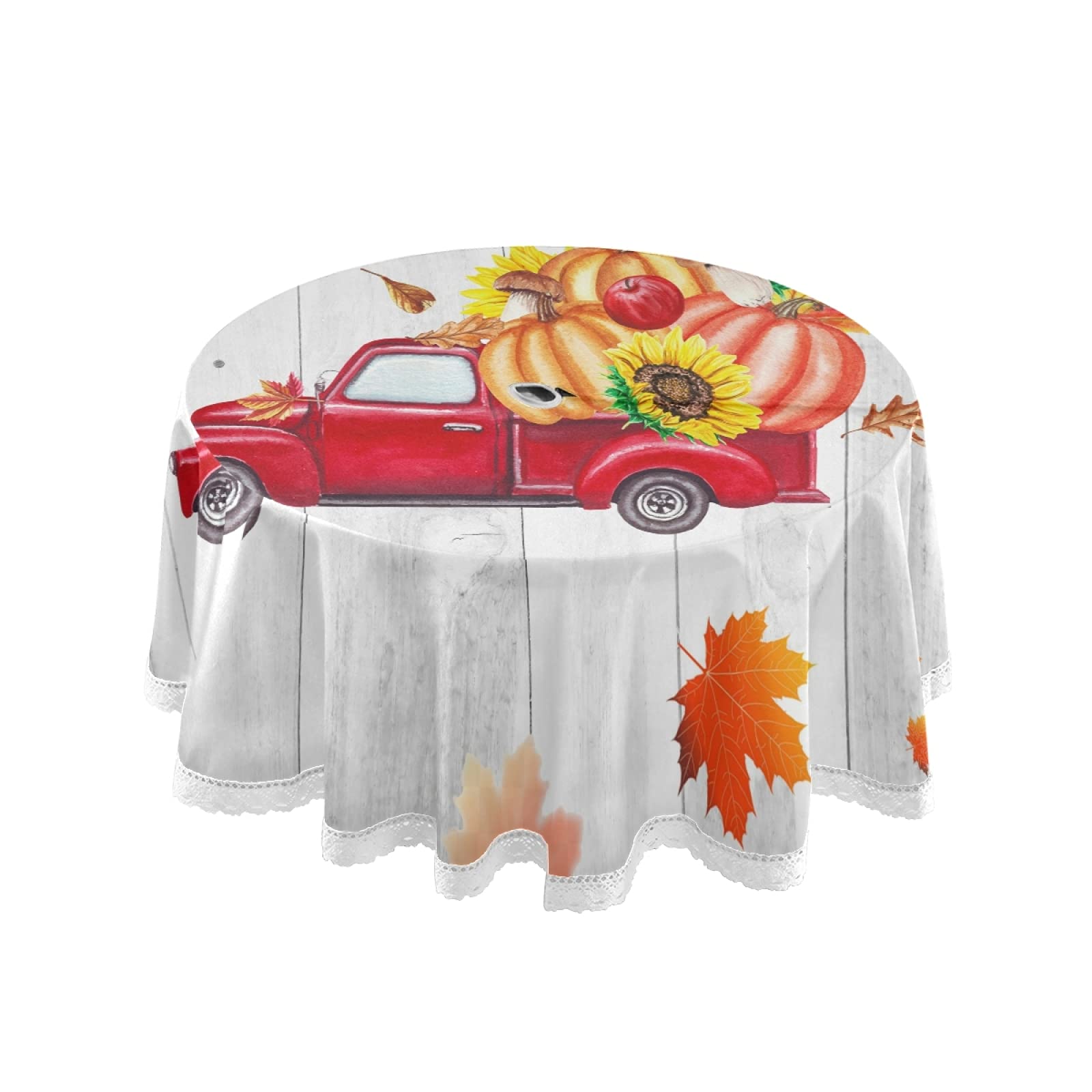60 Inch Round Outdoor Tablecloth with Umbrella Hole & Zipper - Autumn Pumpkin Sunflower Fall Leaf Design - Waterproof Patio Table Cover for Backyard BBQ, Picnic, Garden Parties & Outdoor Dining