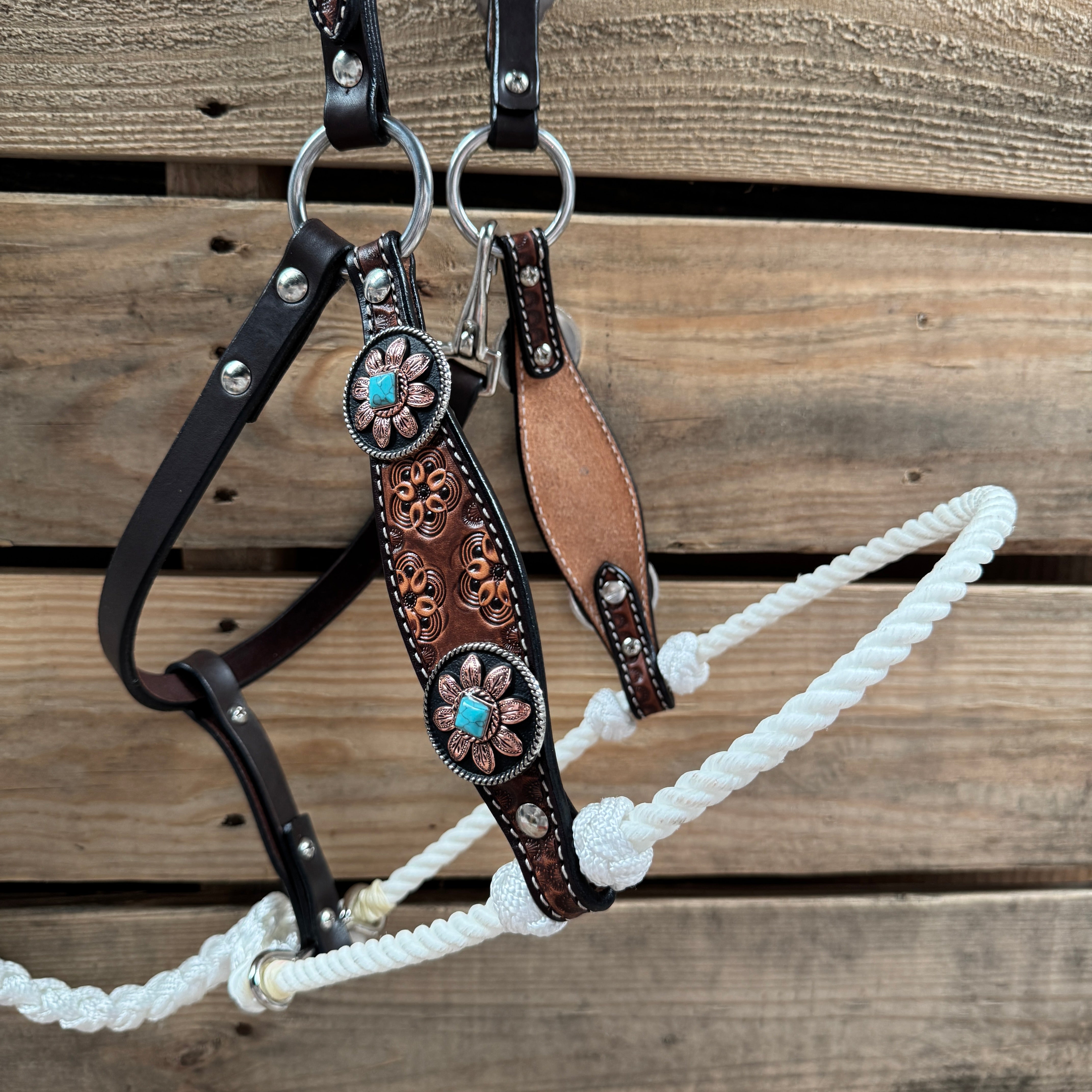 Floral Tooled Leather Lariat & Halter Set for Horses - Western Equestrian Riding Gear for Show & Trail Use